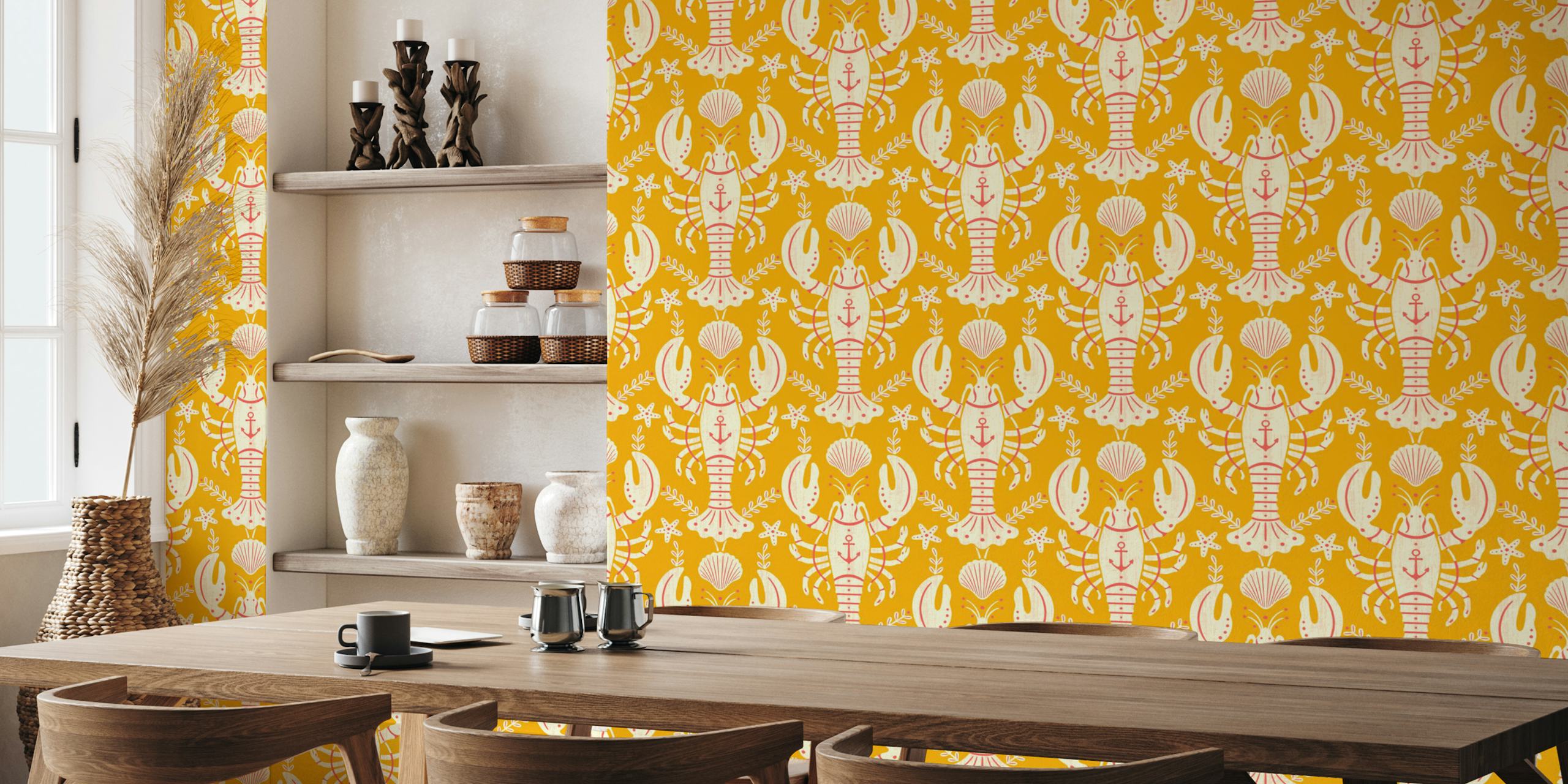 Lobster and anchor pattern in yellow and red wallpaper