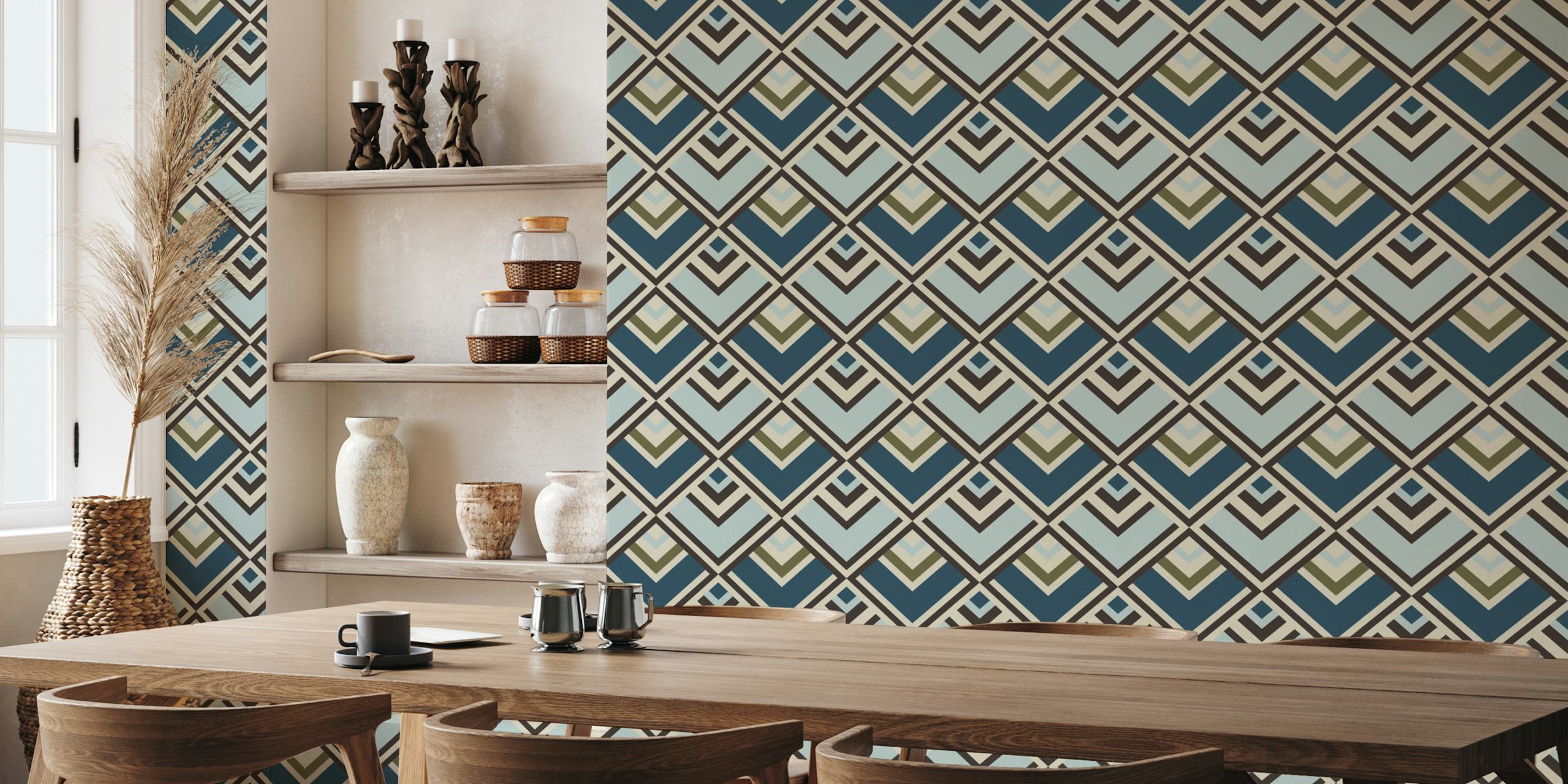 Retro Diamond Pattern Mural in Teal with Tan and Deep Blue Accents