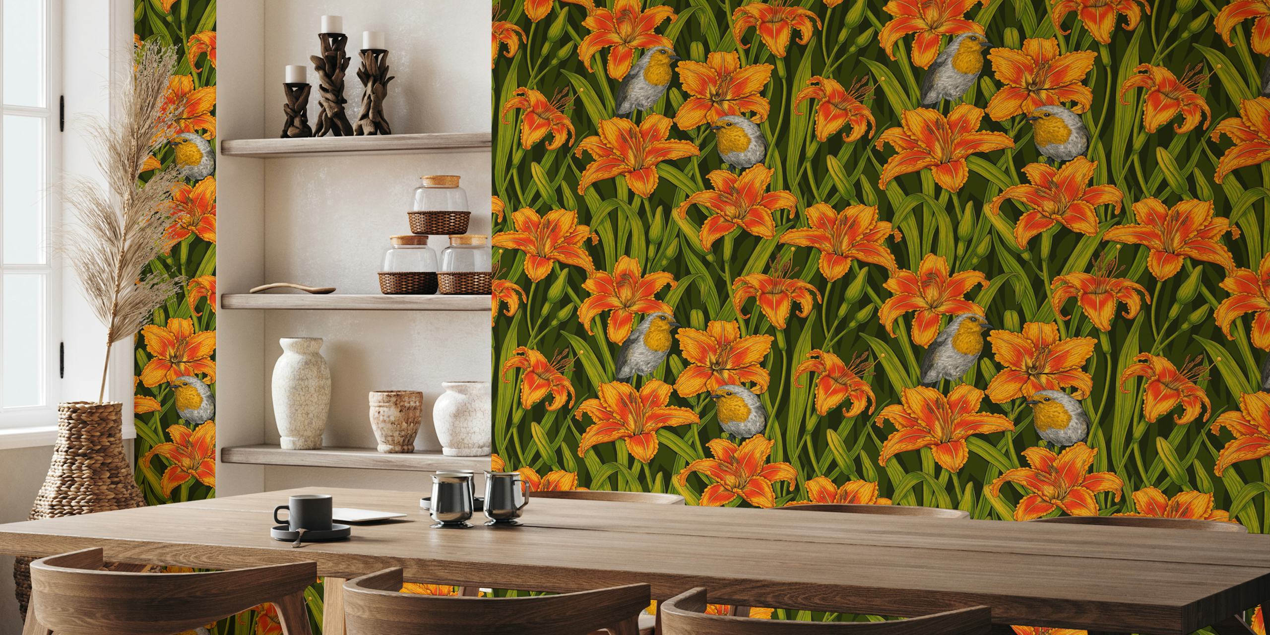 Tapeta Robins a lily flowers v pokoji