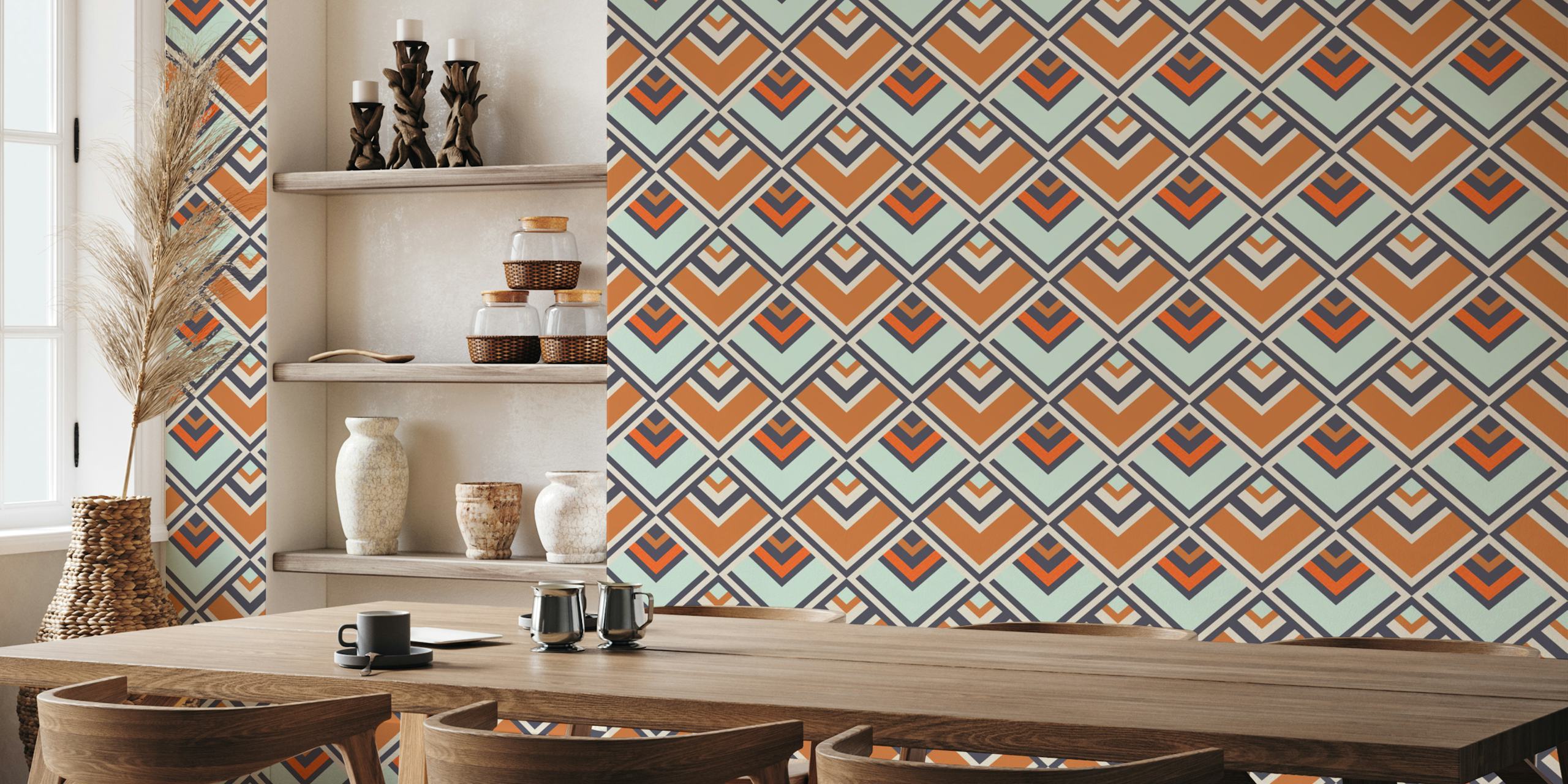 Geometric diamond pattern in cognac, mint, and orange wallpaper