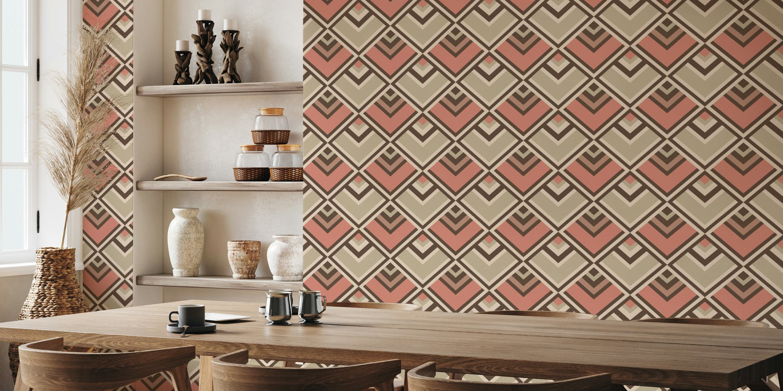 Retro-style geometric diamond pattern wall mural in rosewood beige and neutral shades