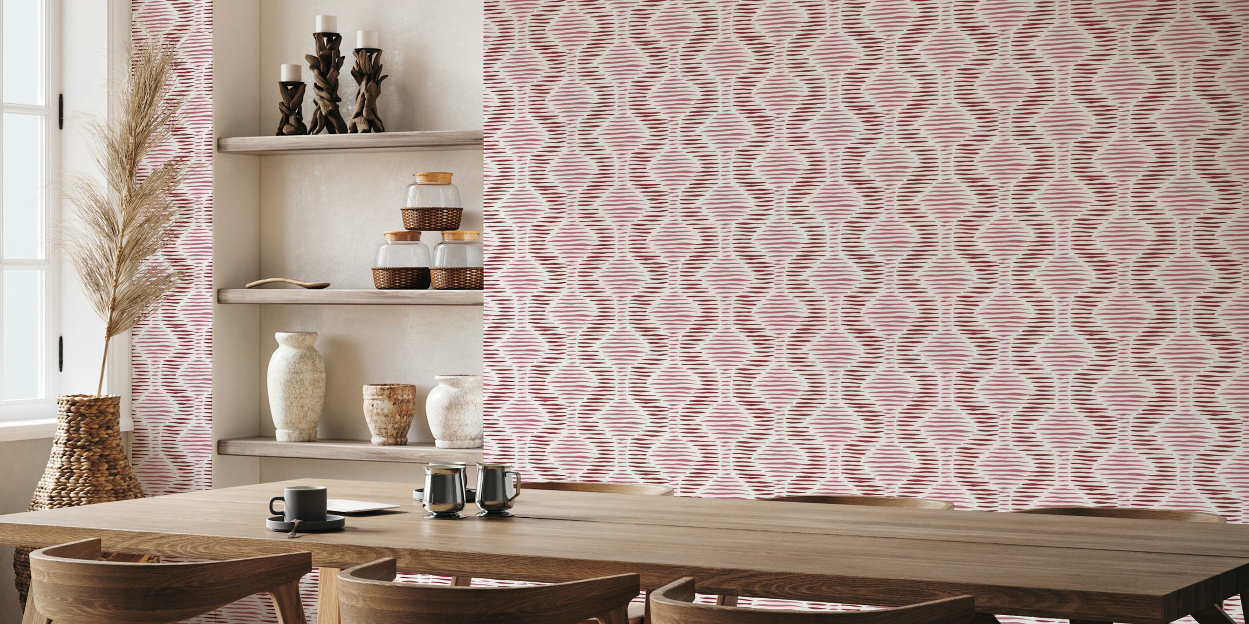 Boho ogee stripes mauve wallpaper displayed in a room