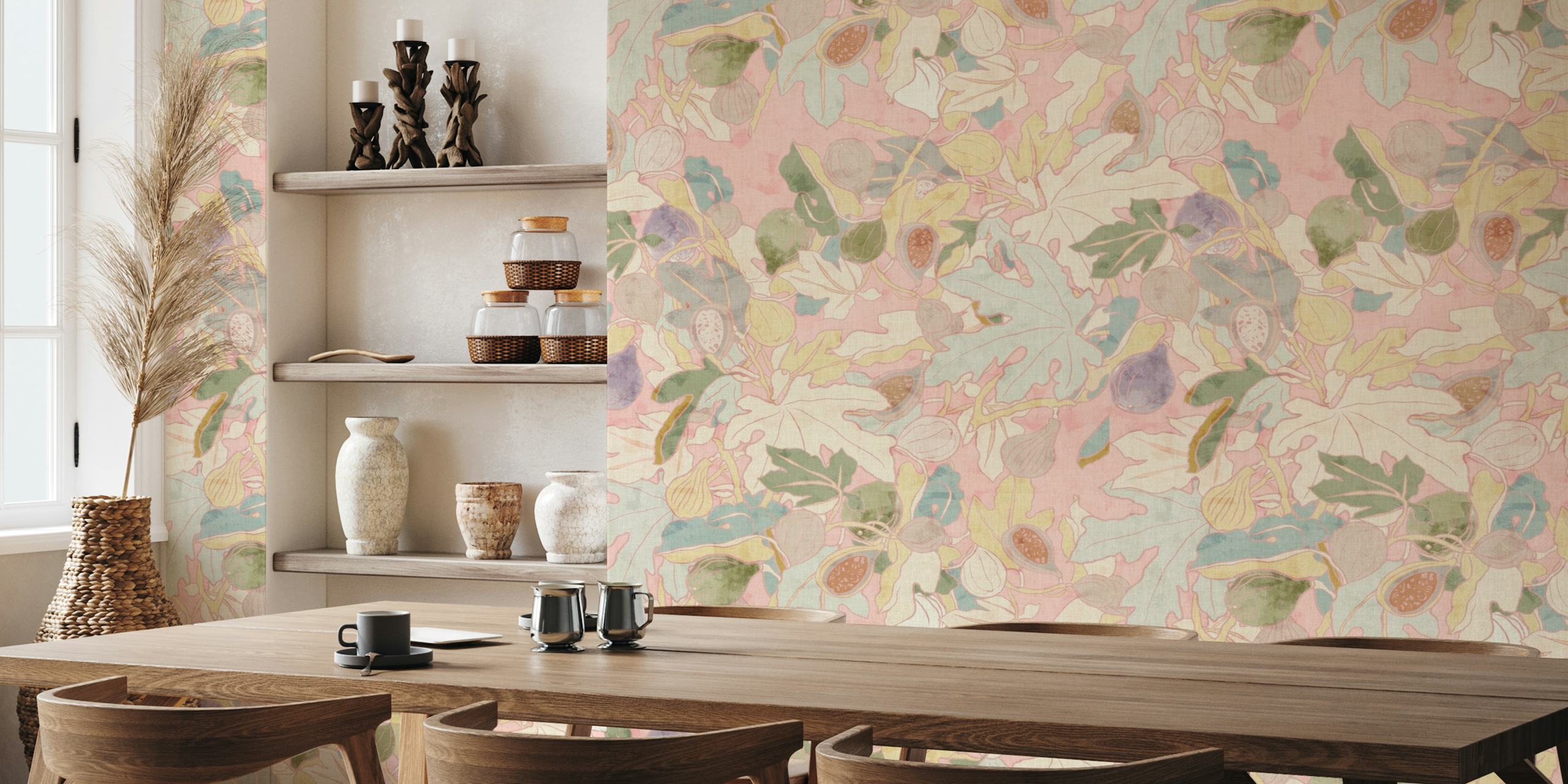 Ficus mit Früchten und Blättern in Pastellfarben Tapete