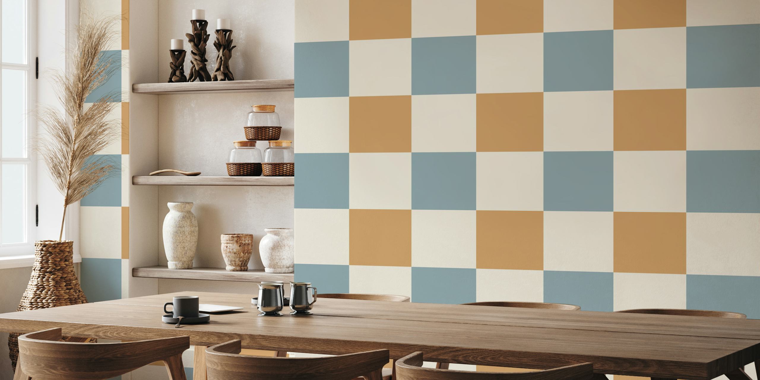 Boho Checkers Toasted Powder Blue vægmaleri med moderne skakternet mønster i beige og pudderblå toner