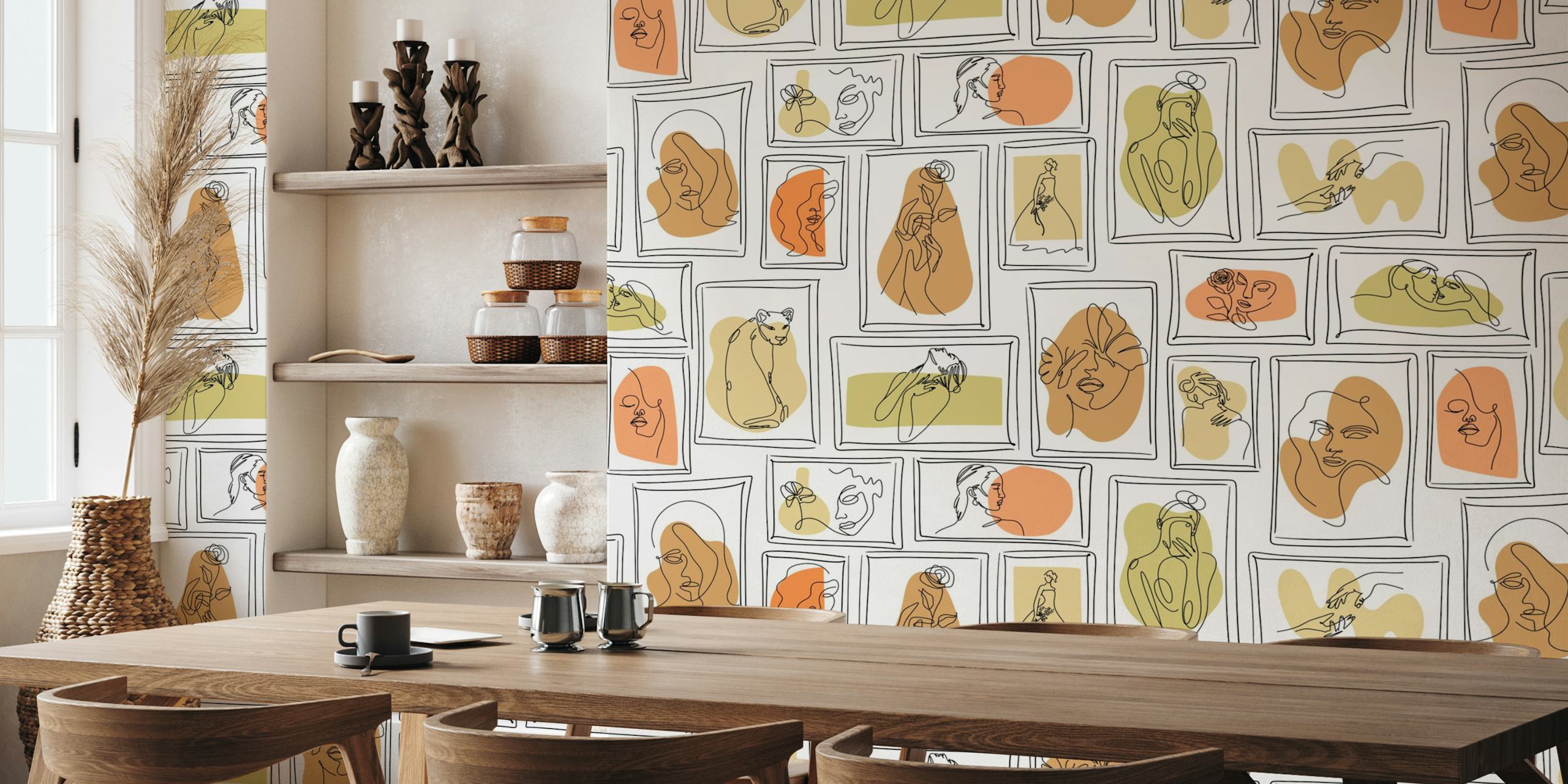 Line art of faces in frames on white background wallpaper