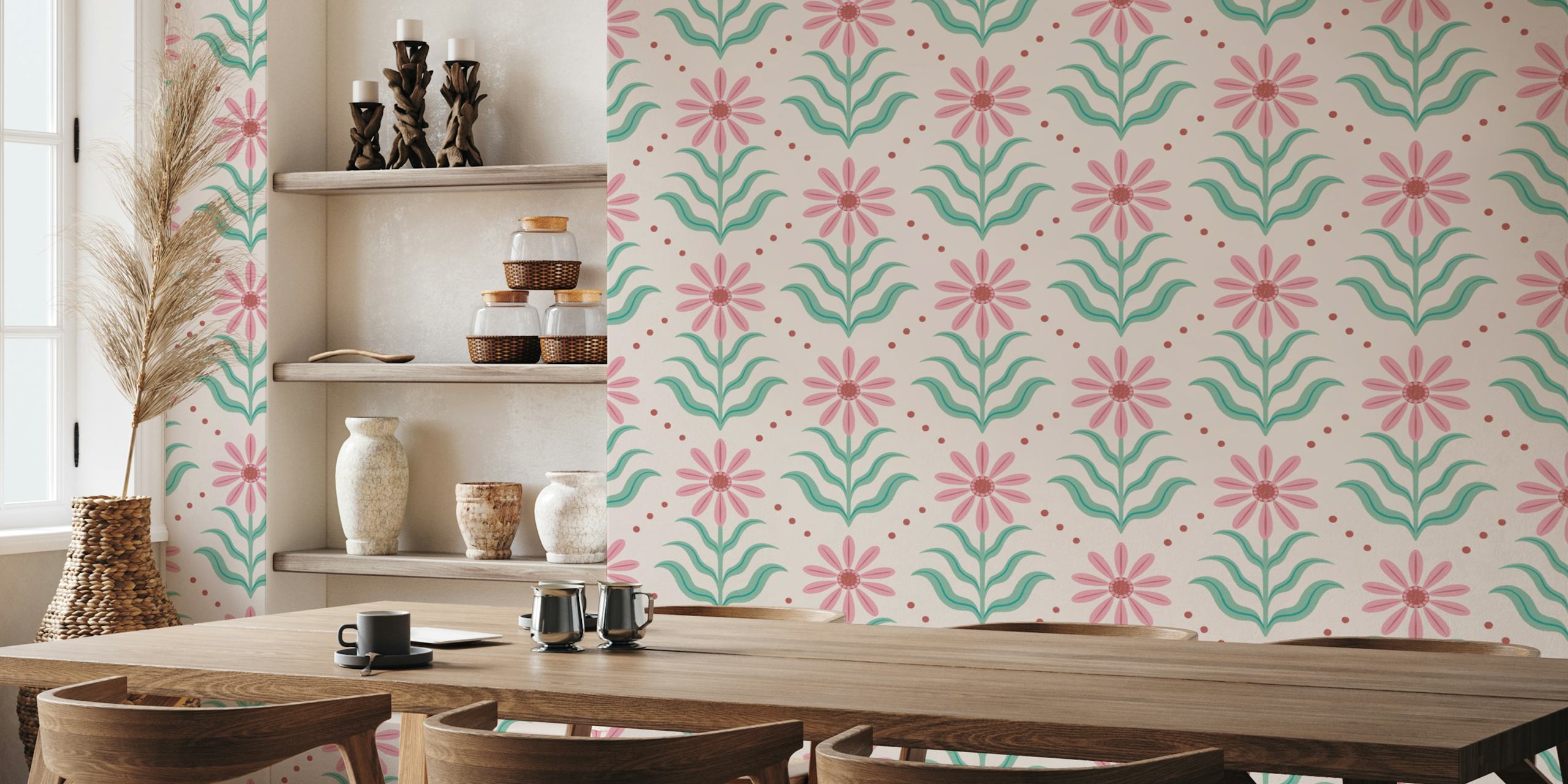 Tapeta Vintage Geo Floral Pink and Green v pokoji