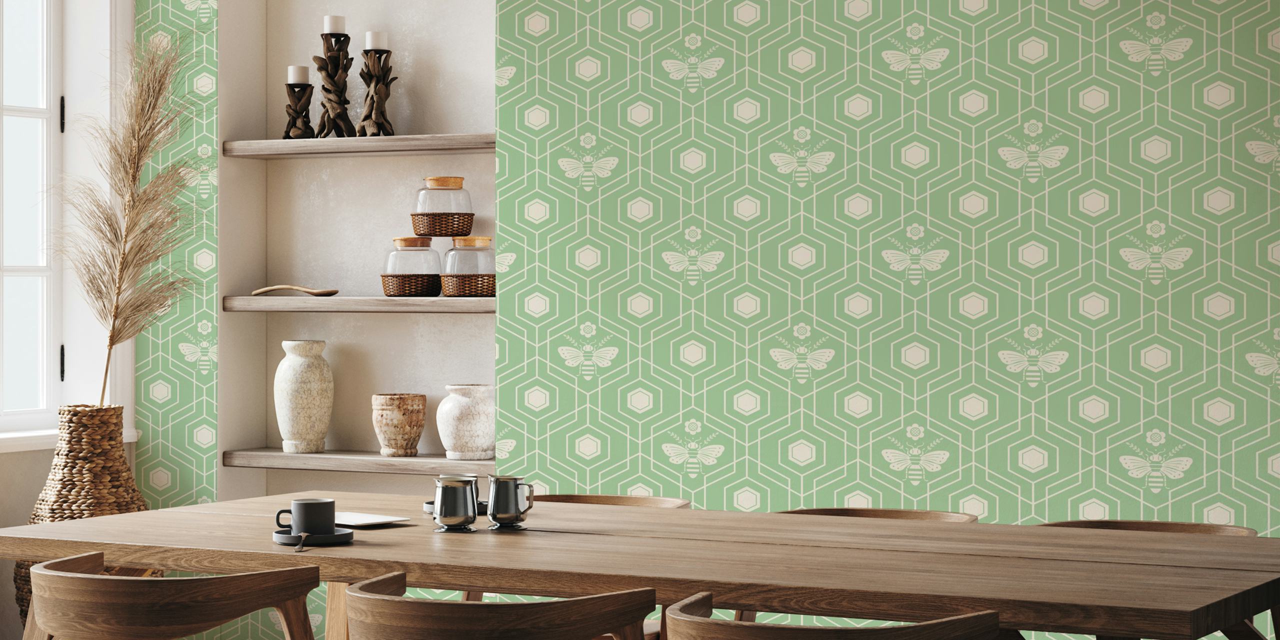 Bee Dance wallpaper in vintage green and beige