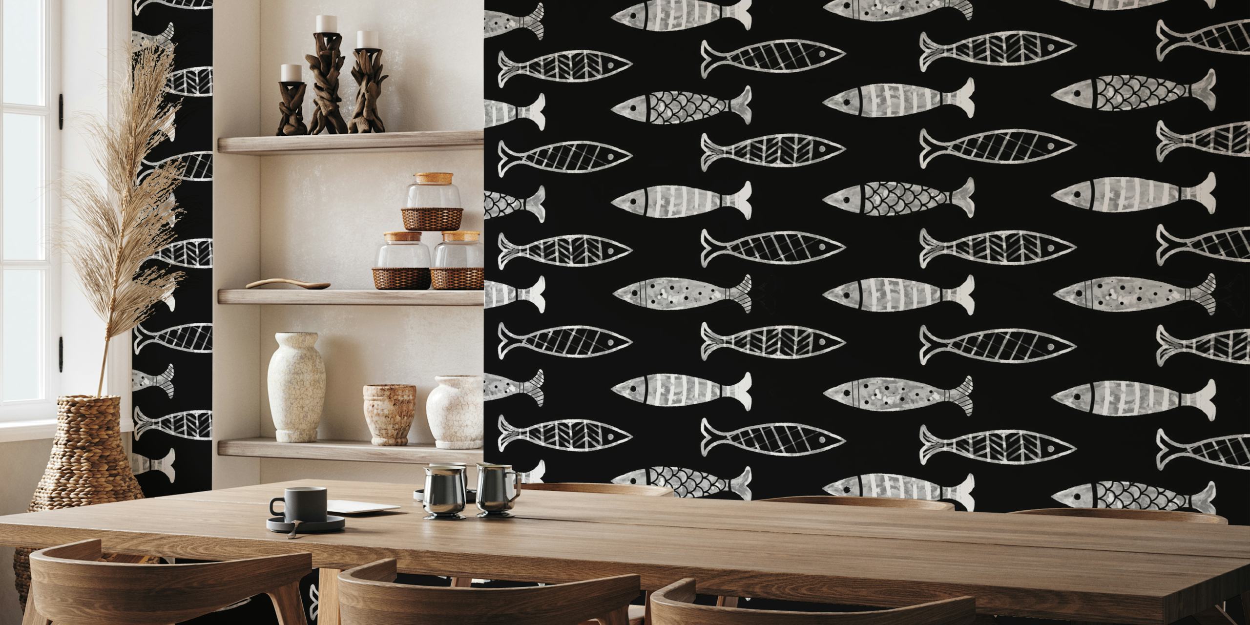 Fotomural vinílico de parede monocromático com padrão de peixe em um fundo escuro.