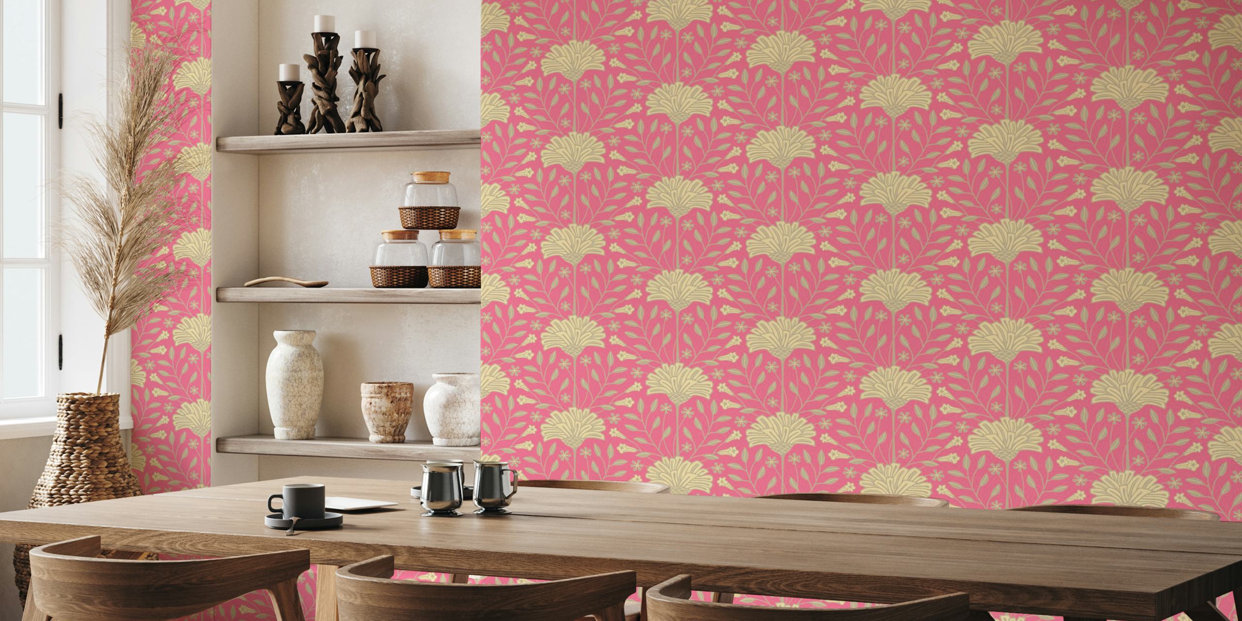 Pink floral tapet i ett rum