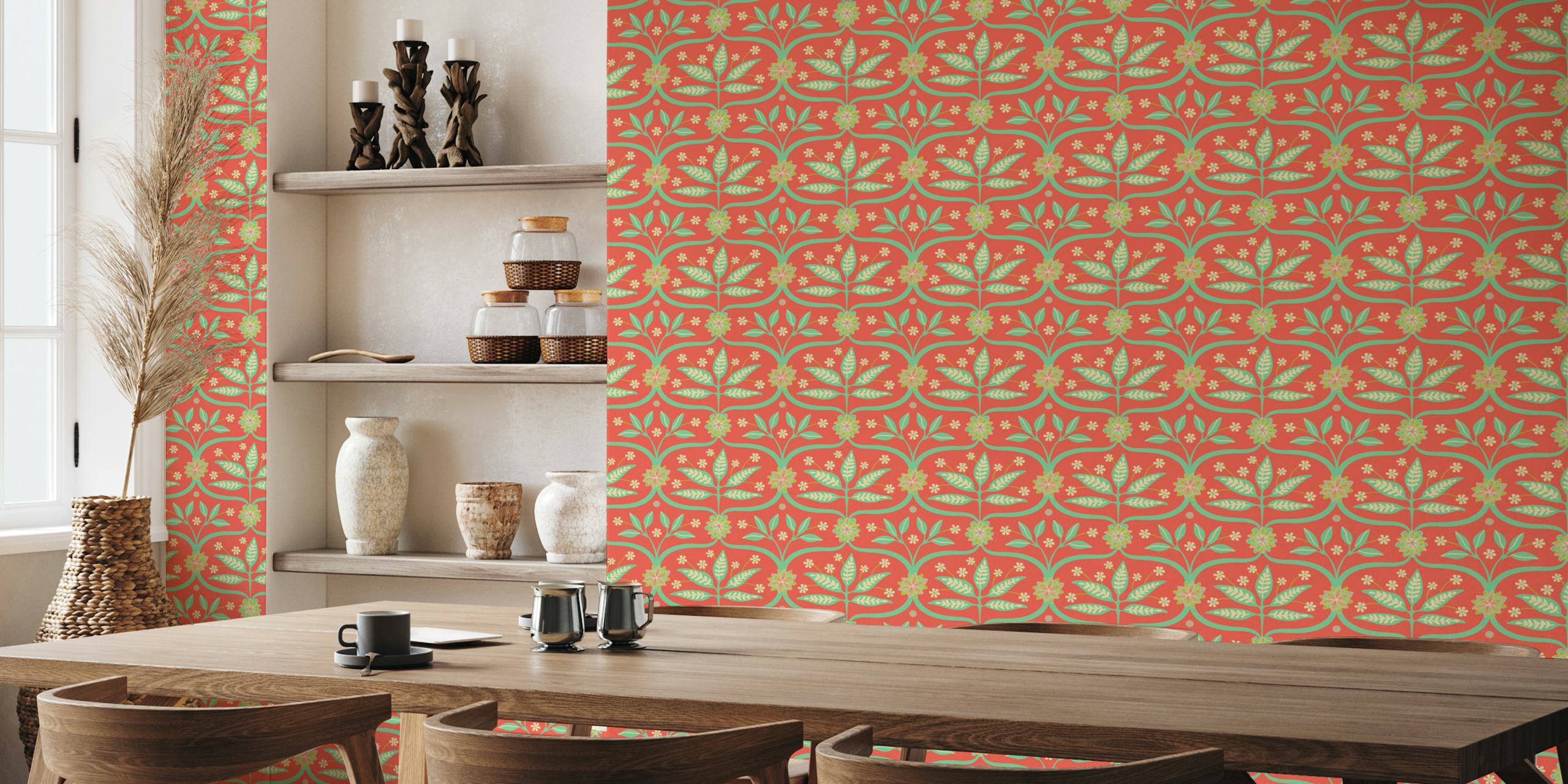 Mahal Floral Botanical Damask Coral Kleines Wandbild