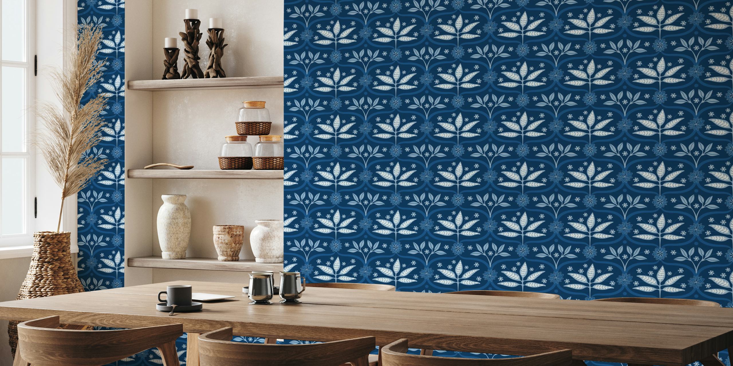 Mahal Floral Botanical Damask Blue Wallpaper Pattern
