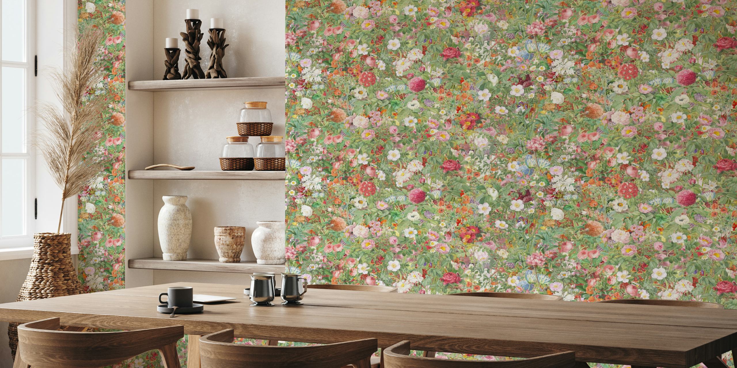 Colorful floral pattern with numerous flowers and greenery wallpaper