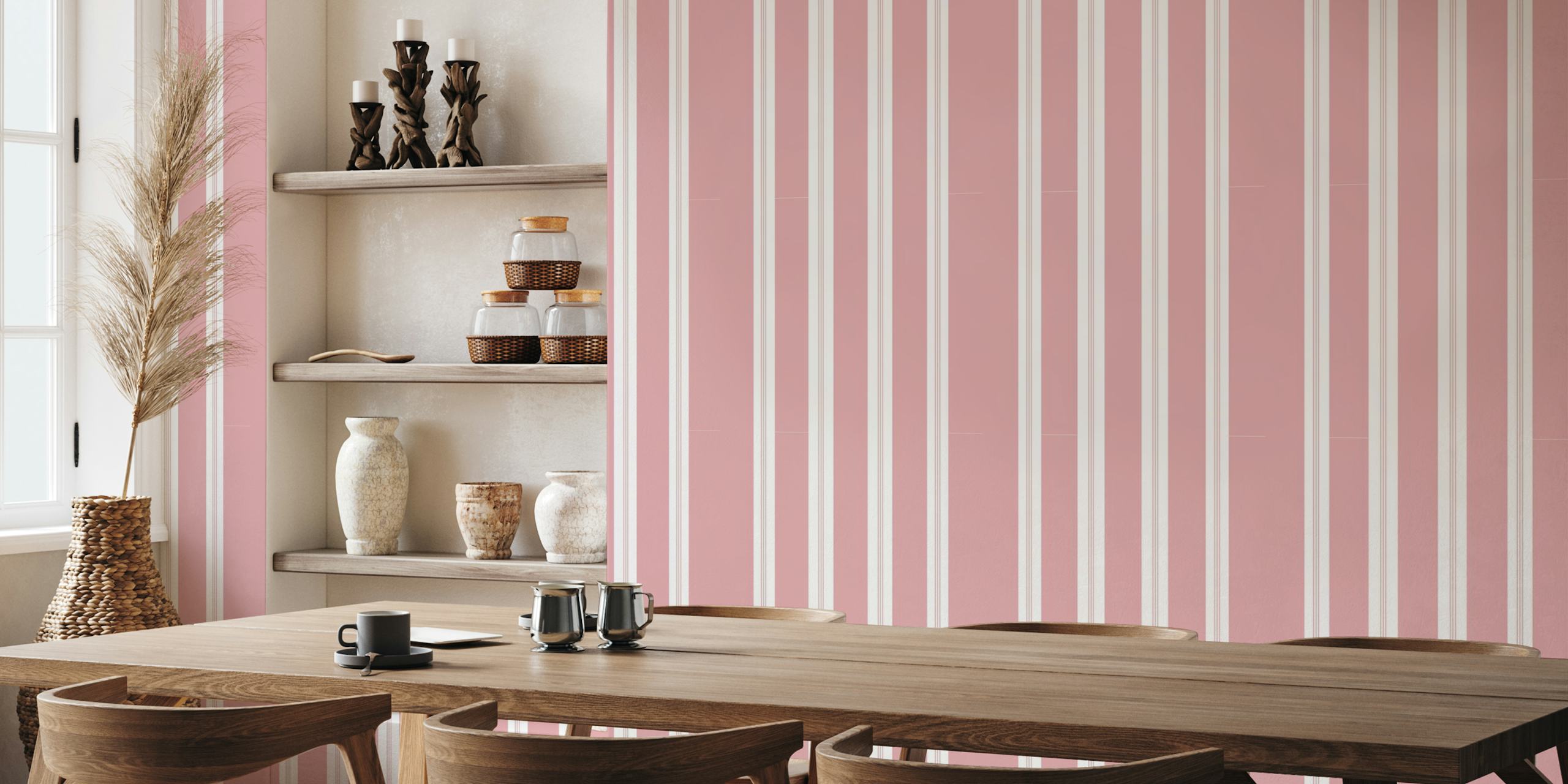 Blush white stripes wallpaper in a room