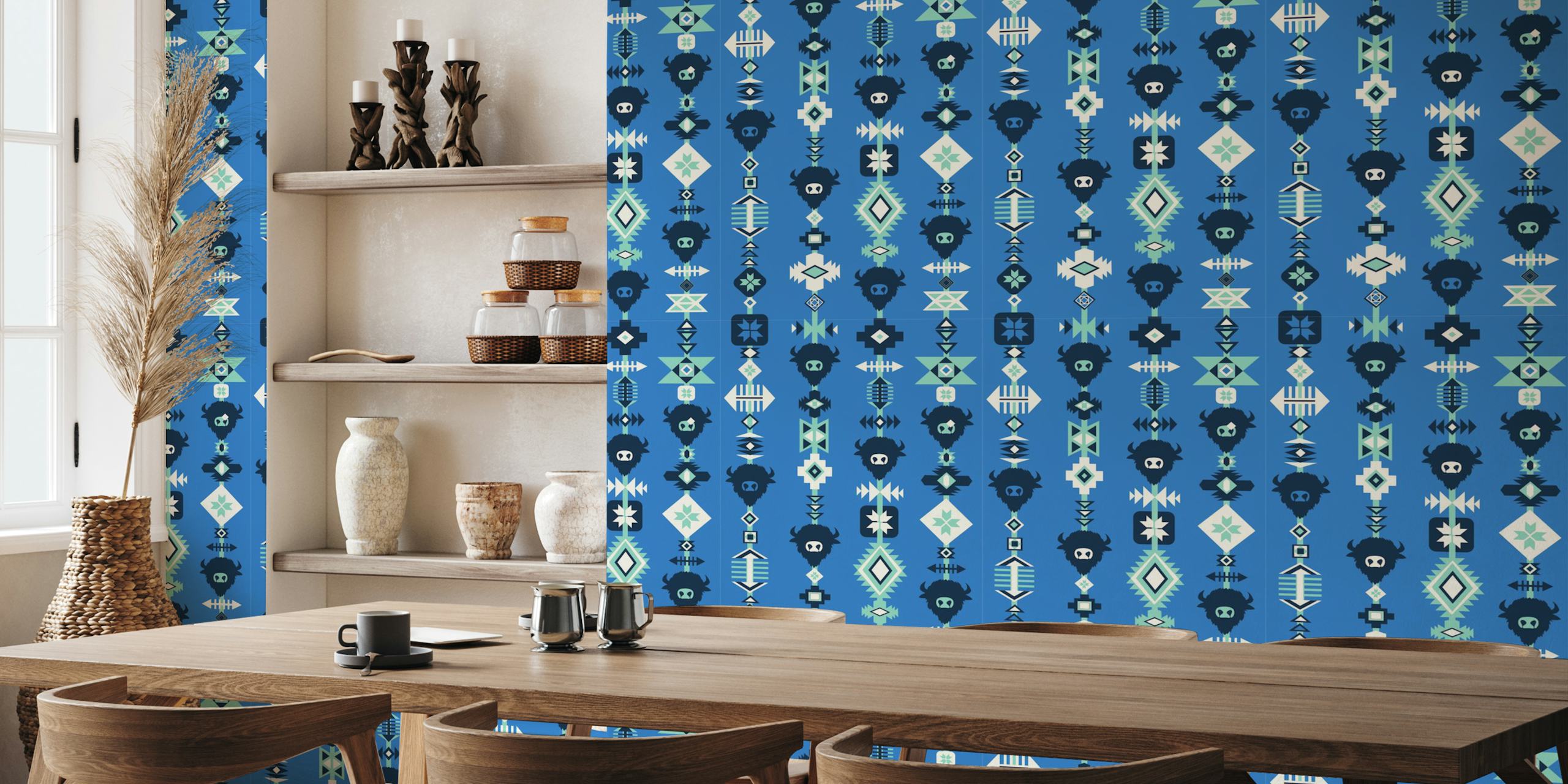 Buffalo and Aztec lines pattern in blue wallpaper