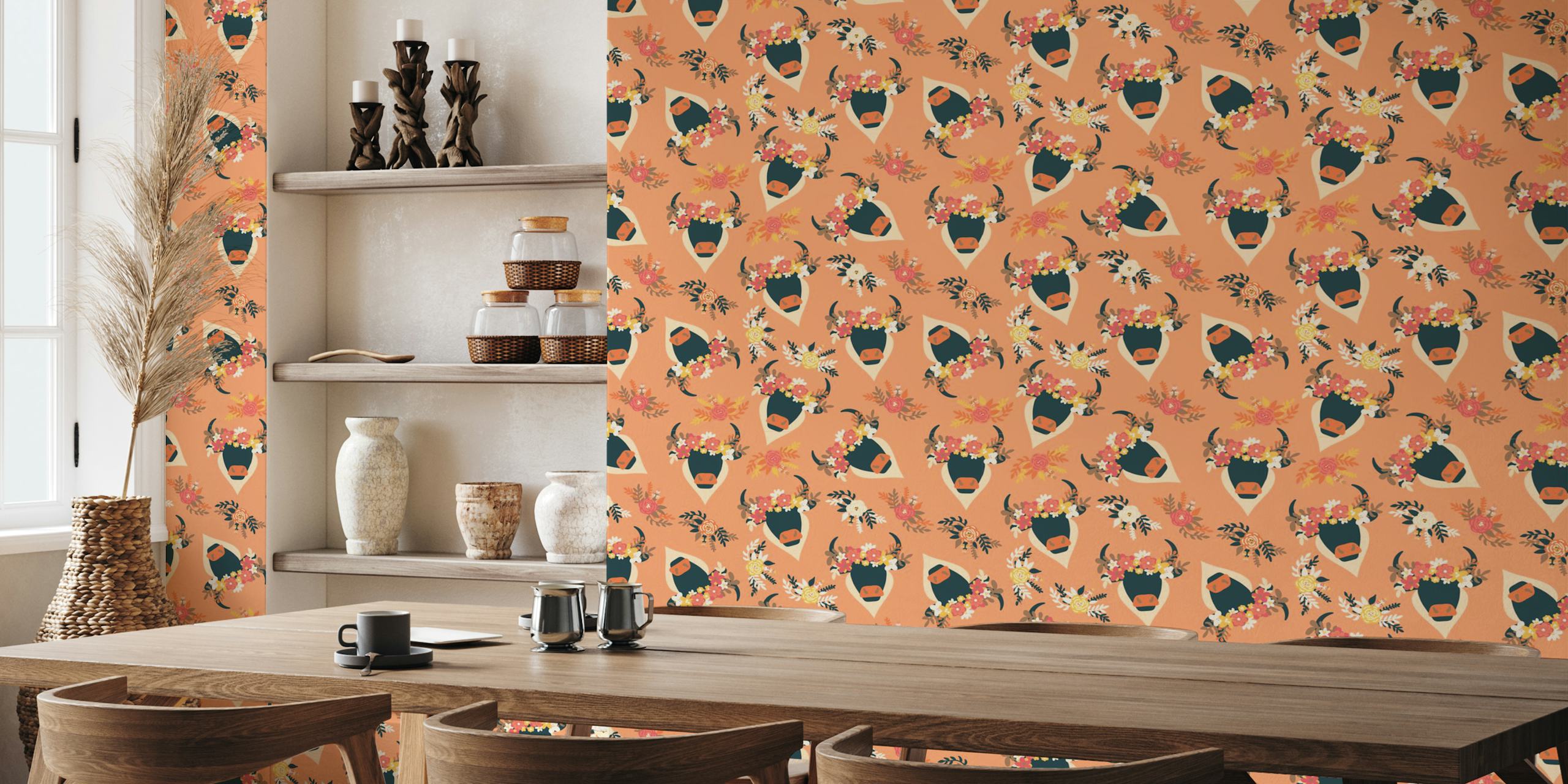 Black bulls with flower crowns on orange background wallpaper