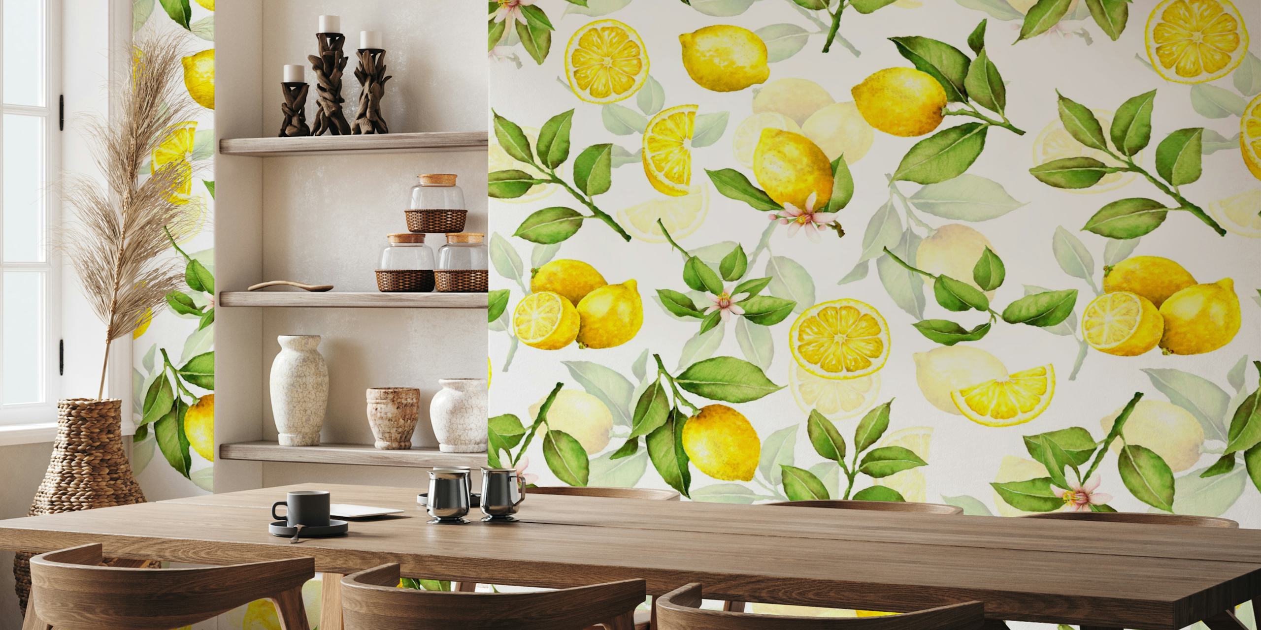 Yellow lemons and green leaves pattern wallpaper
