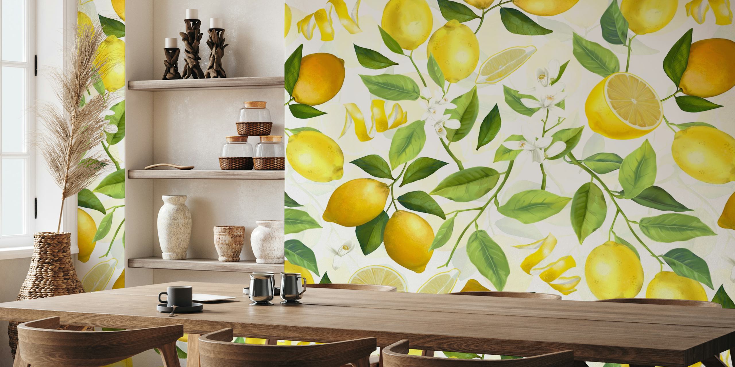 Lemon and leaf pattern in green and yellow wallpaper