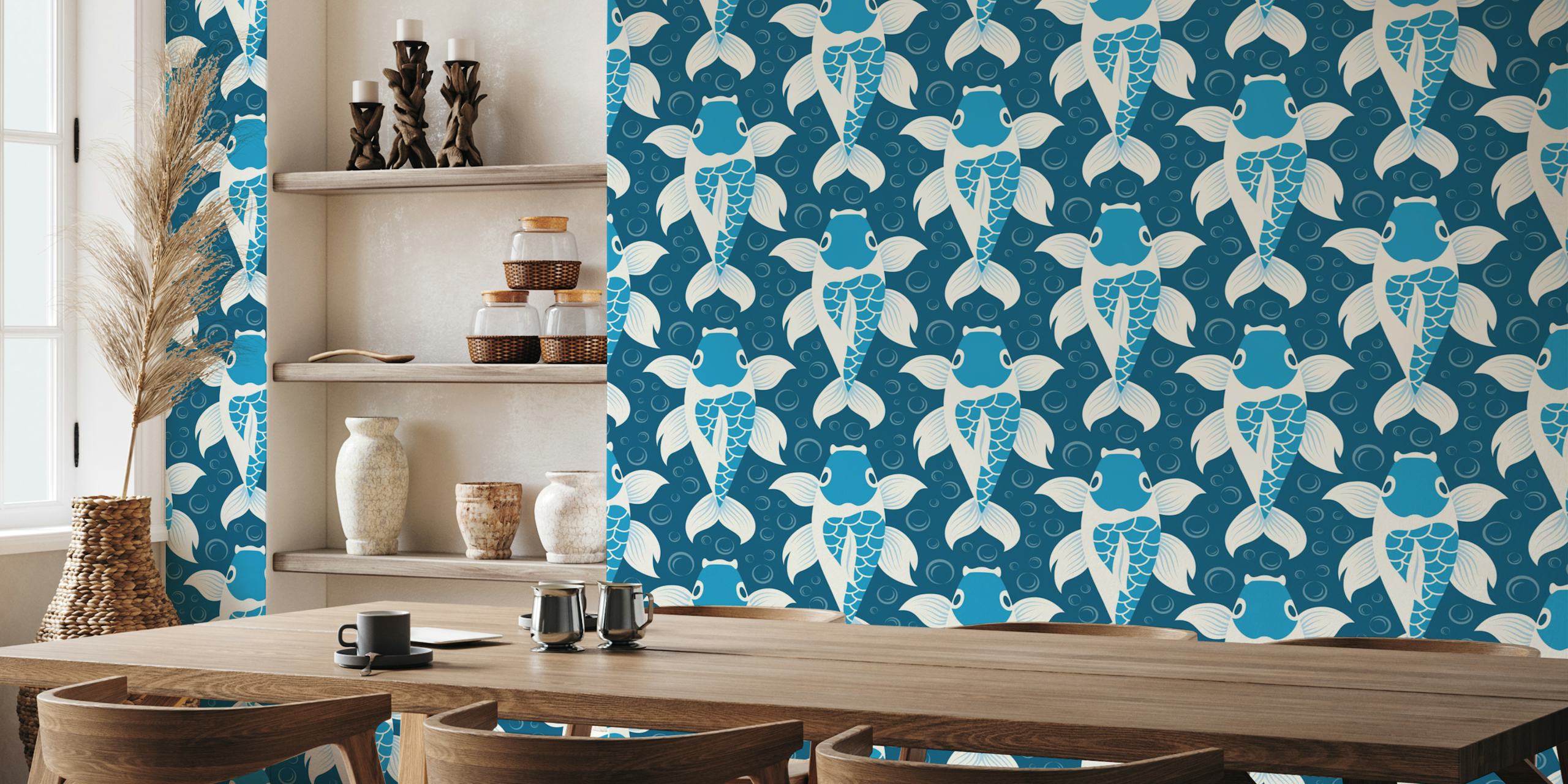 Koi fish pattern in blue with white accents wallpaper