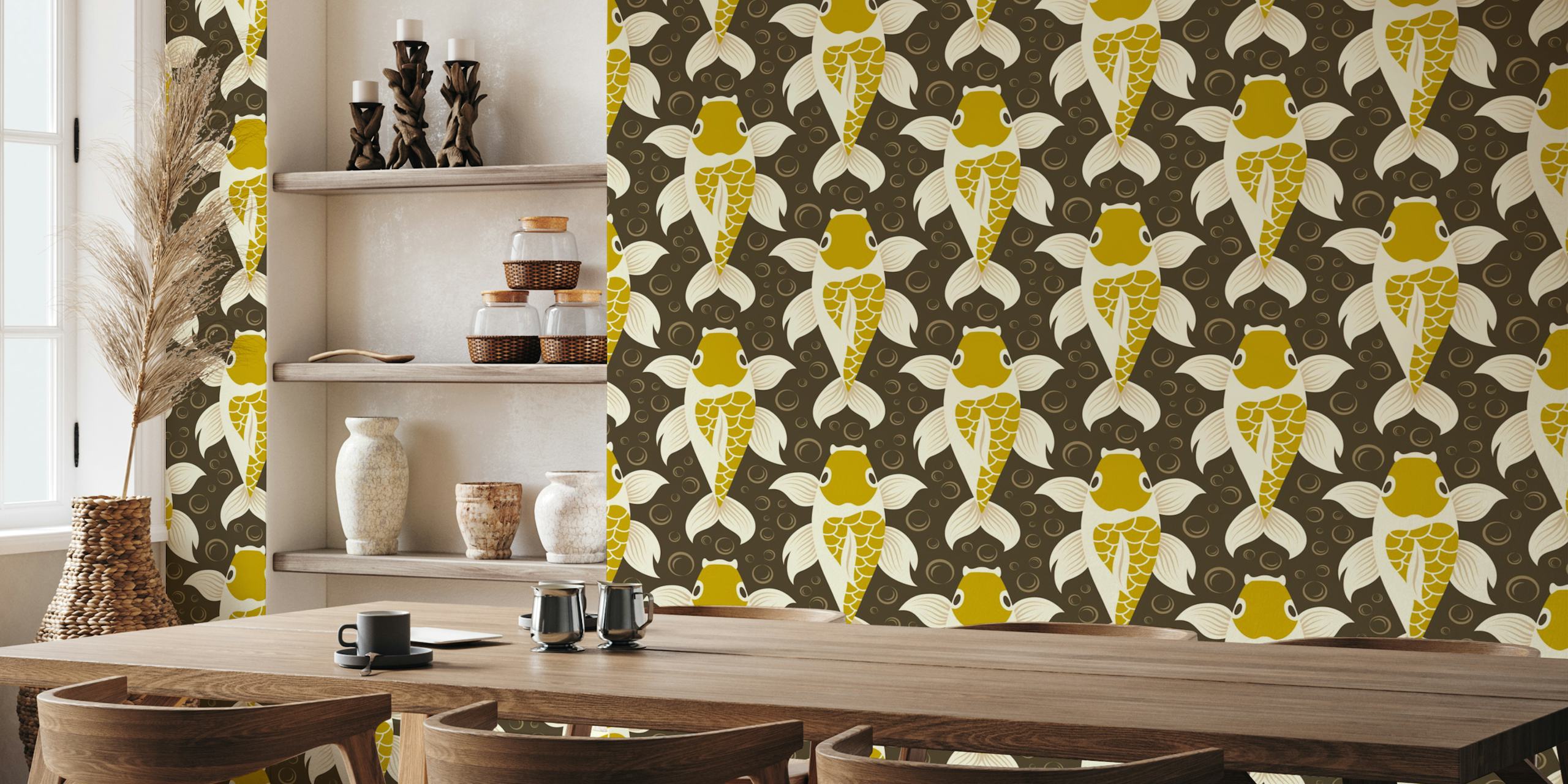 Golden koi fish pattern wallpaper in a room