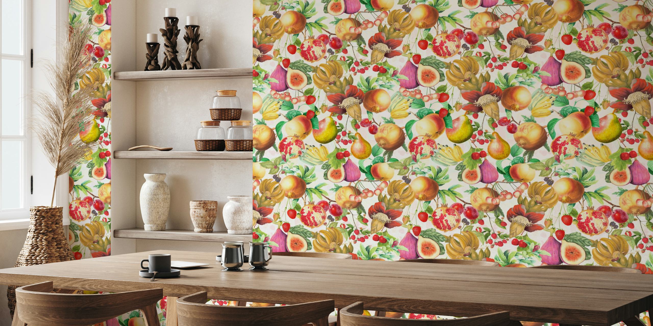 Colorful vintage fruits including apples, figs, and pomegranates wallpaper