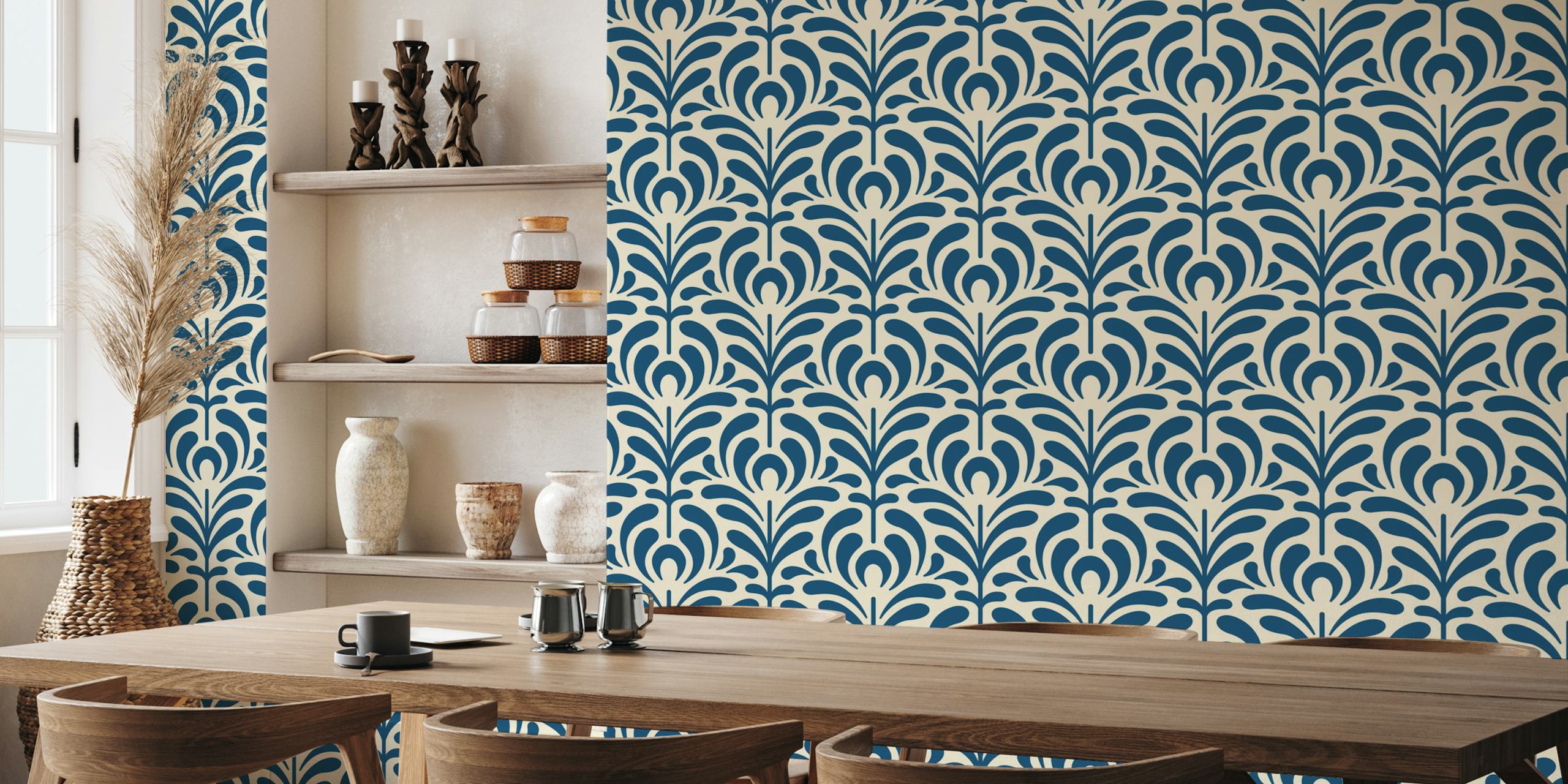 Abstract plant design in navy blue on cream background wallpaper