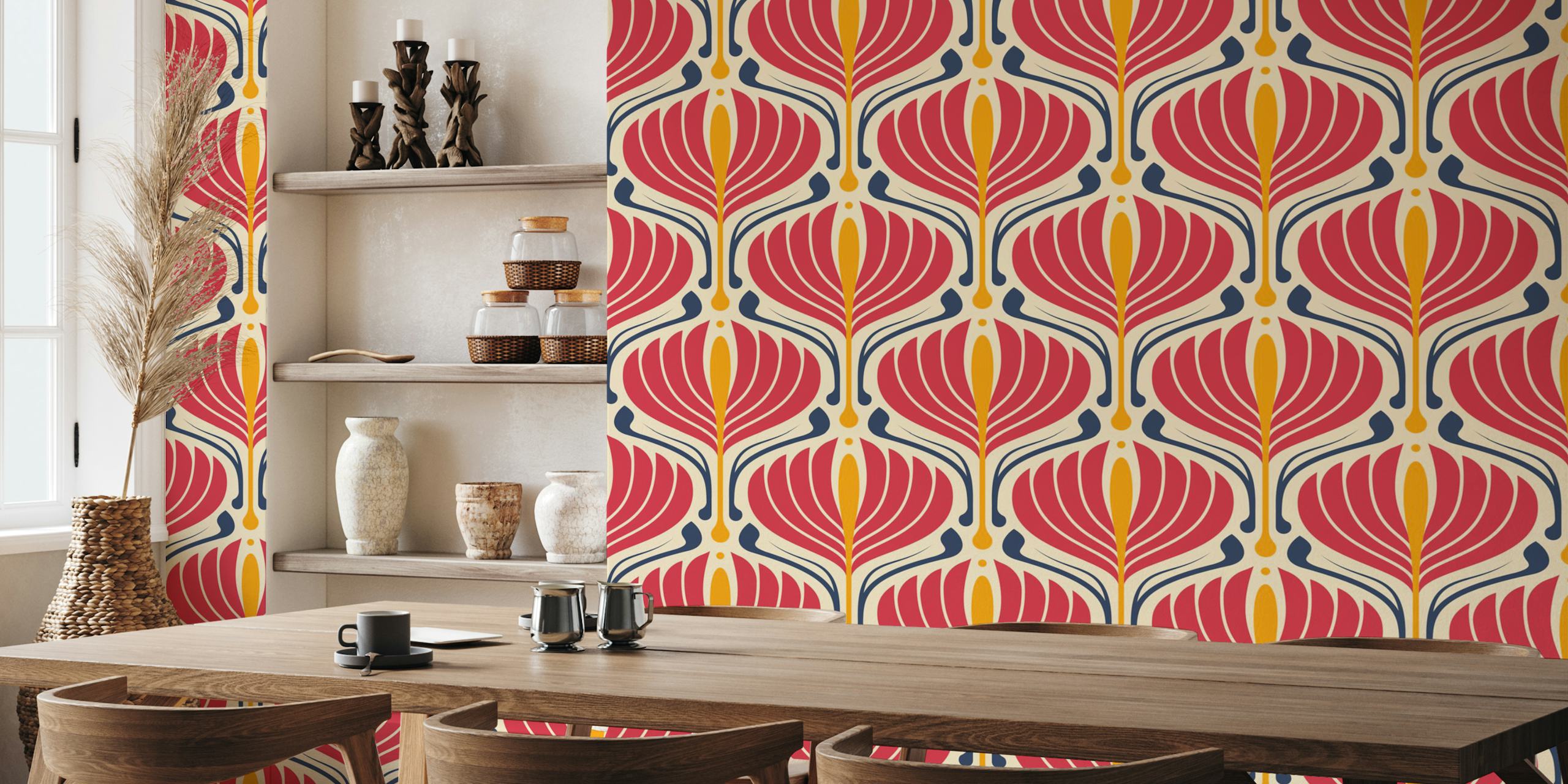 Vintage Retro Floral Pattern Wall Mural in Red, Cream, and Navy