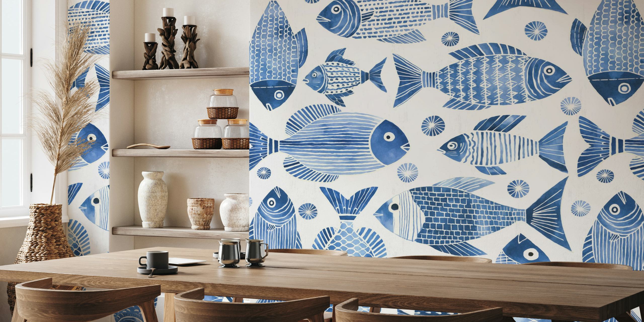 Underwater Blue Fish Parade wallpaper in room