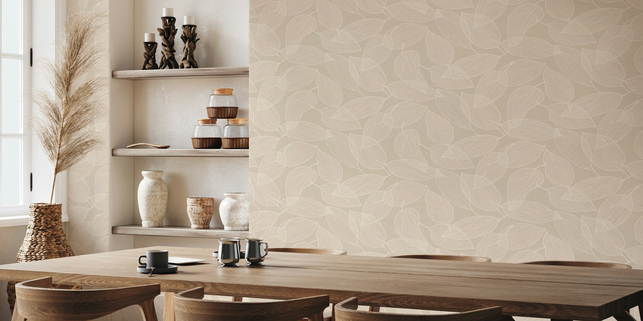 Neutral-toned leaf pattern wall mural
