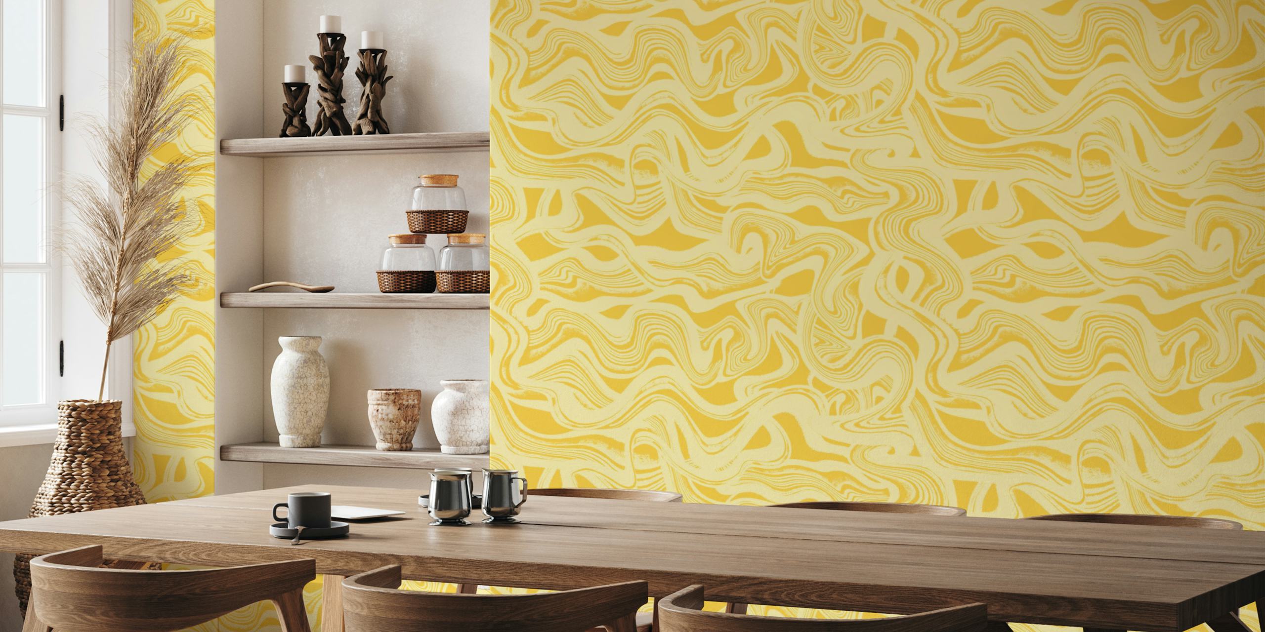 Abstract flowing lines in varying shades of yellow wallpaper