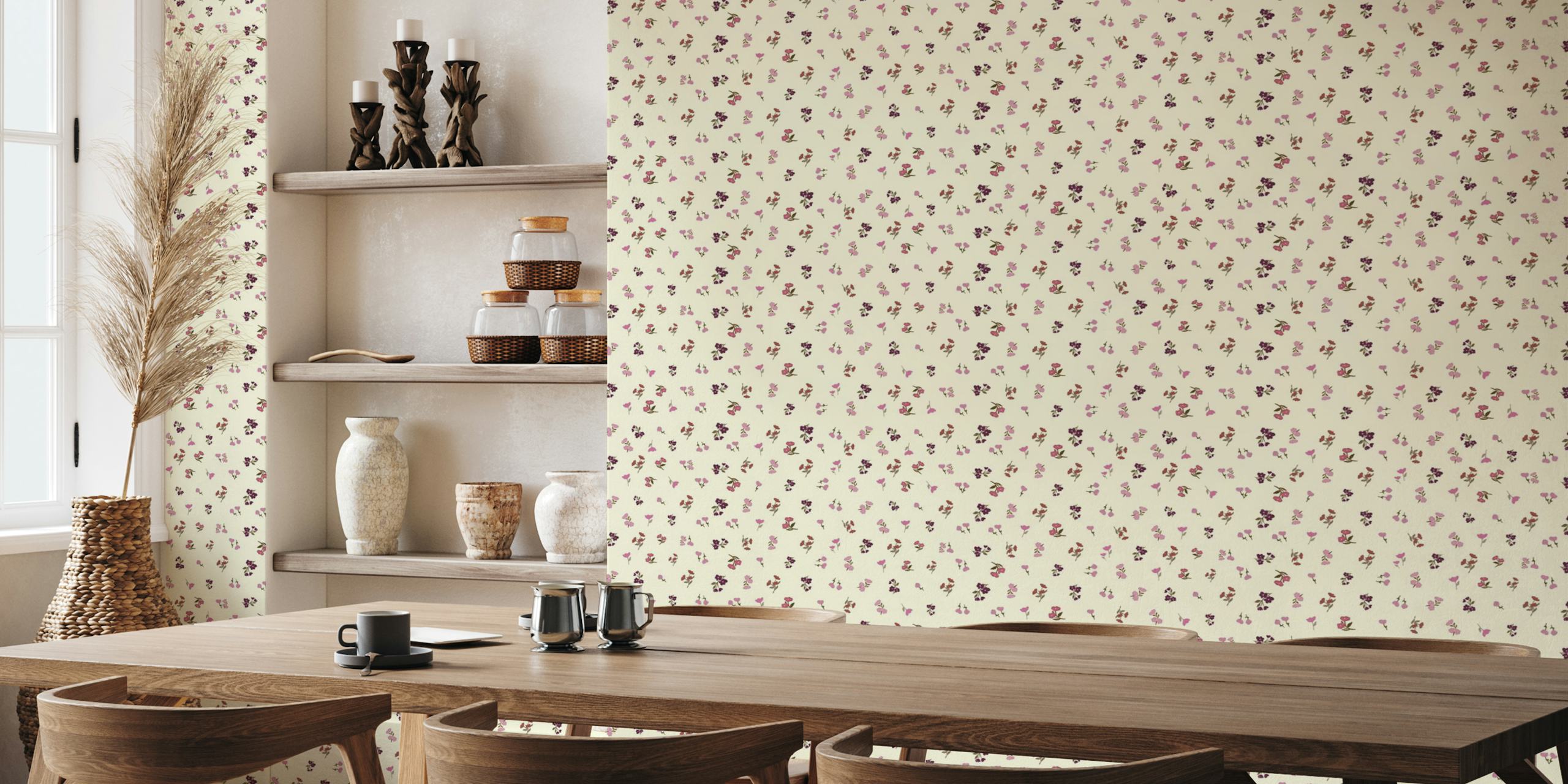 Ditsy pink floral pattern on a cream background wallpaper