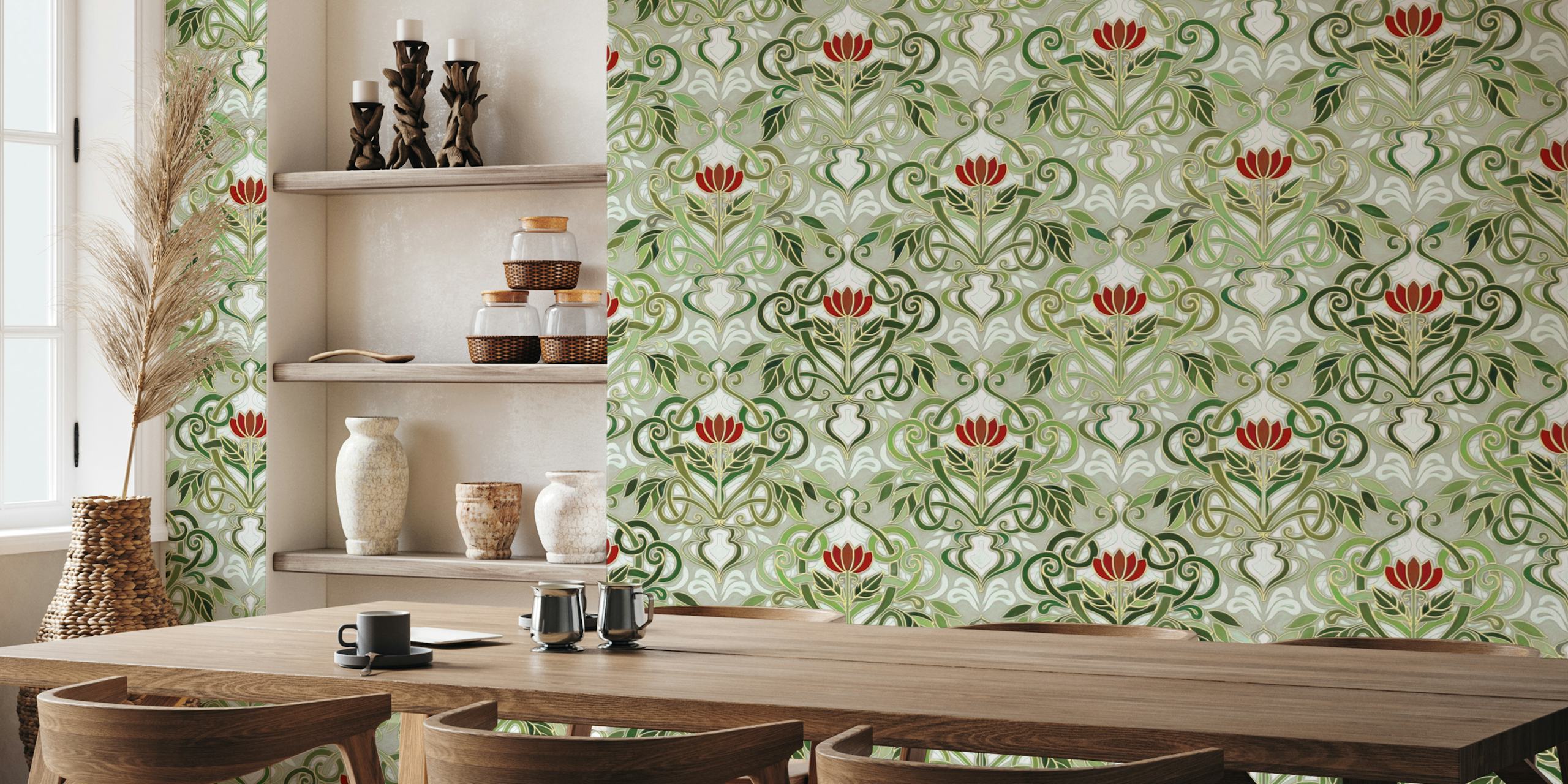 Olive Green and Deep Red Art Nouveau Floral carta da parati in una stanza