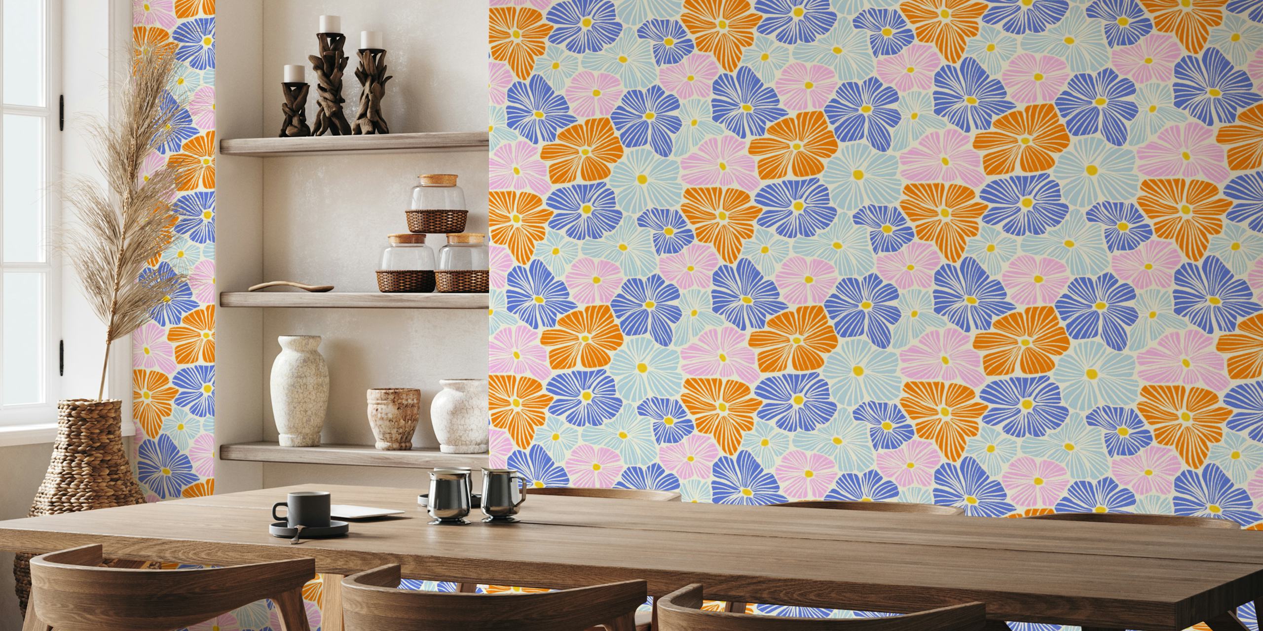 Pastel floral pattern in blue, pink, and orange on a light background wallpaper