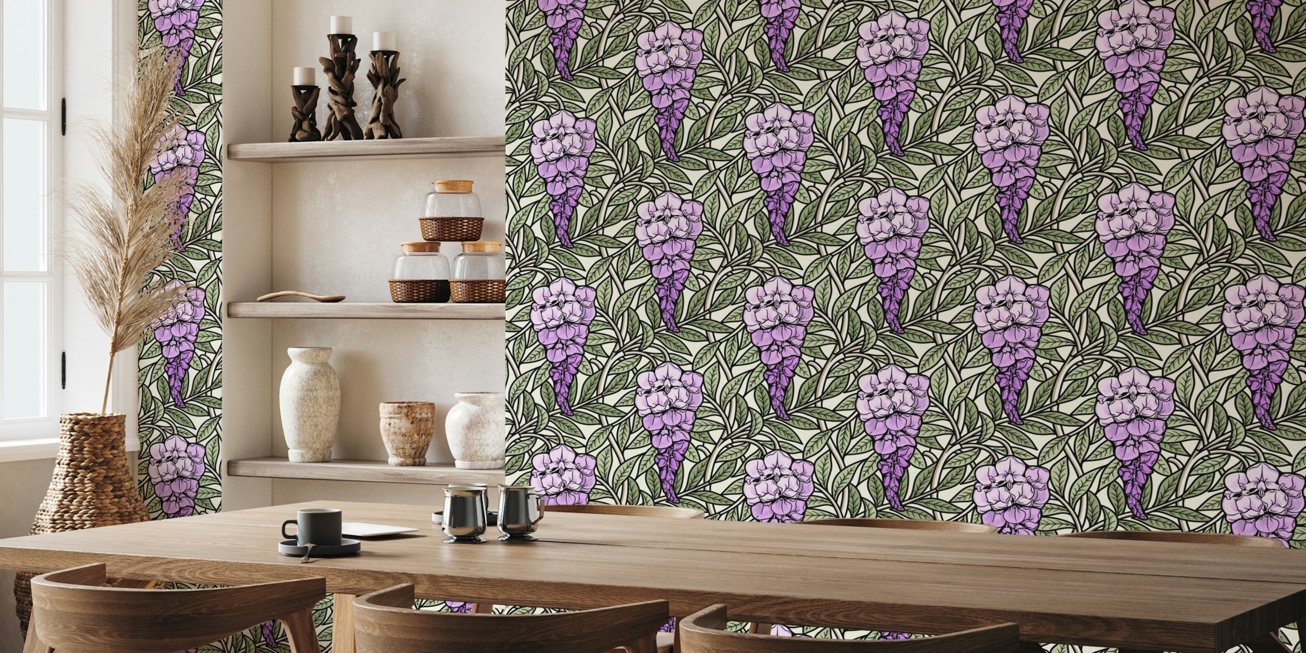 Retro Wisteria Glycine wallpaper design in a room