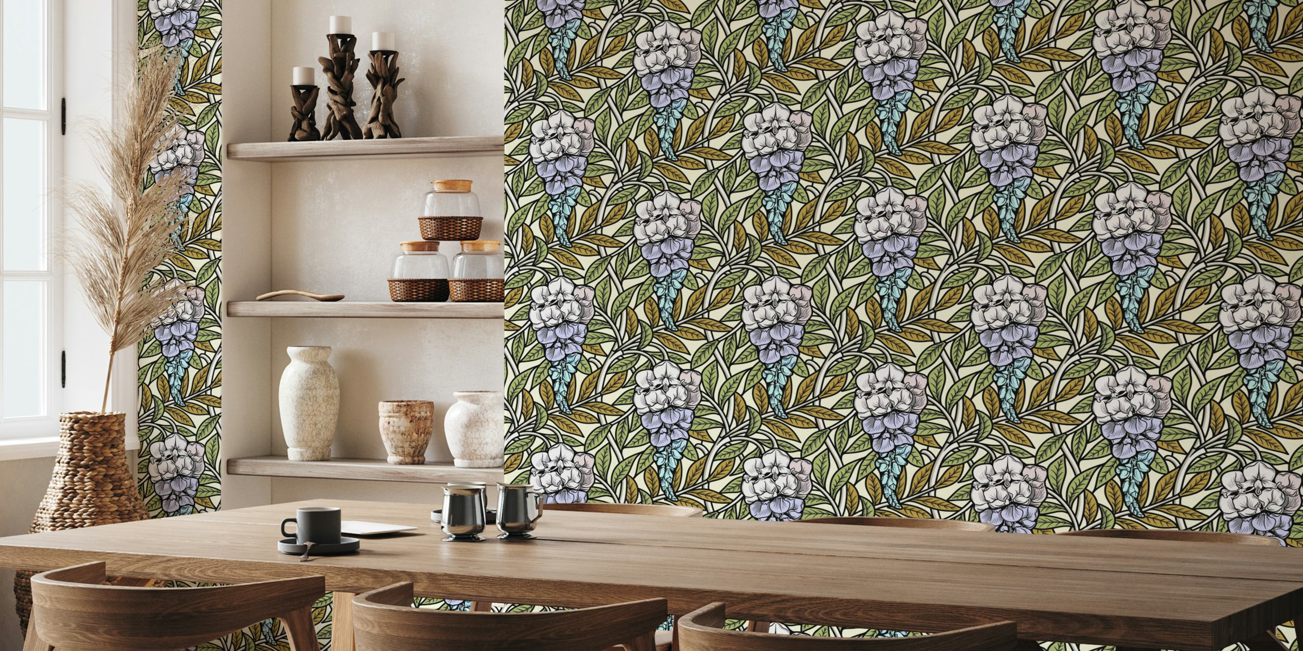 Wisteria flowers and green leaves on light background wallpaper