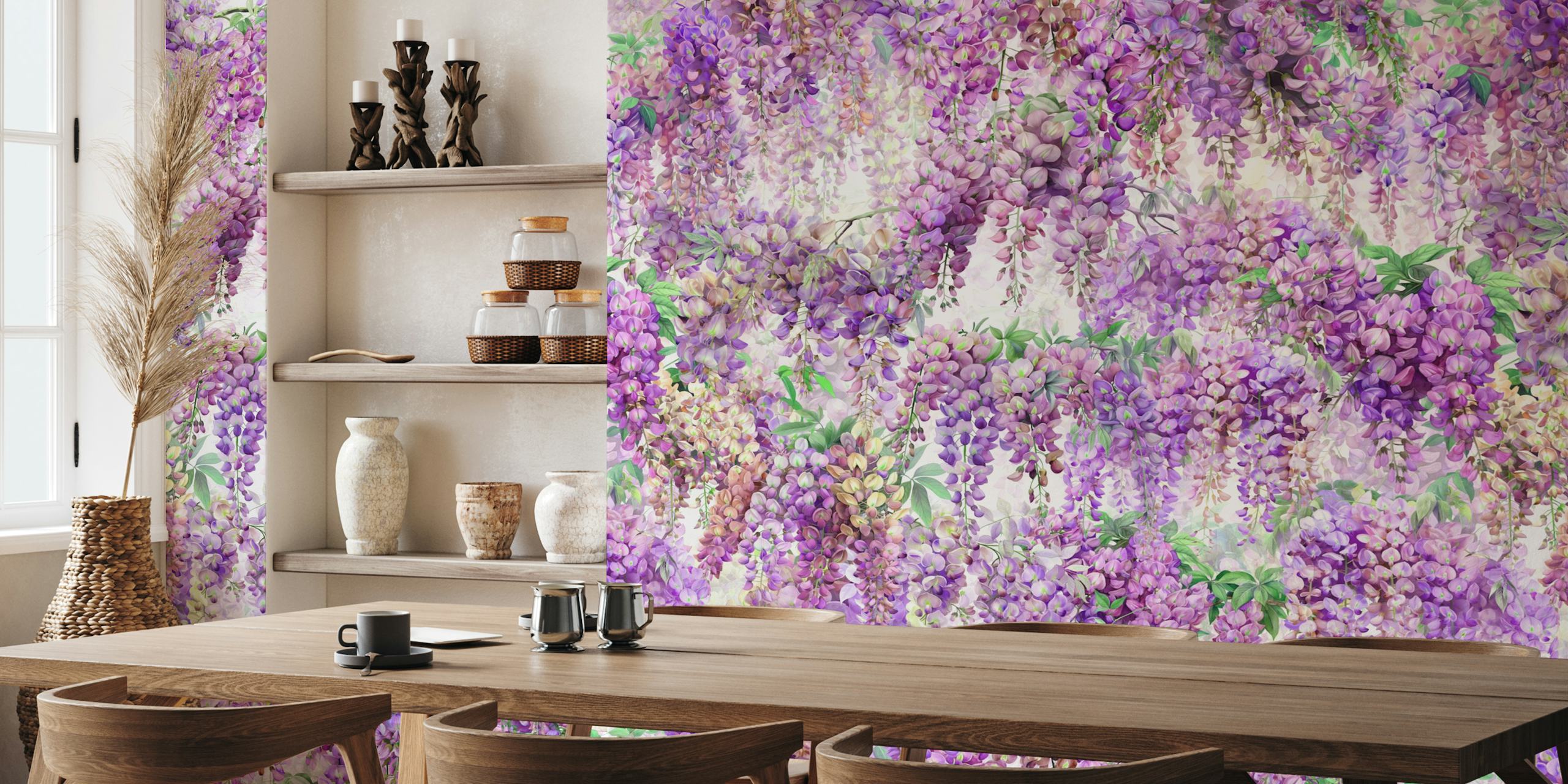 Purple wisteria flowers cascading on white wallpaper