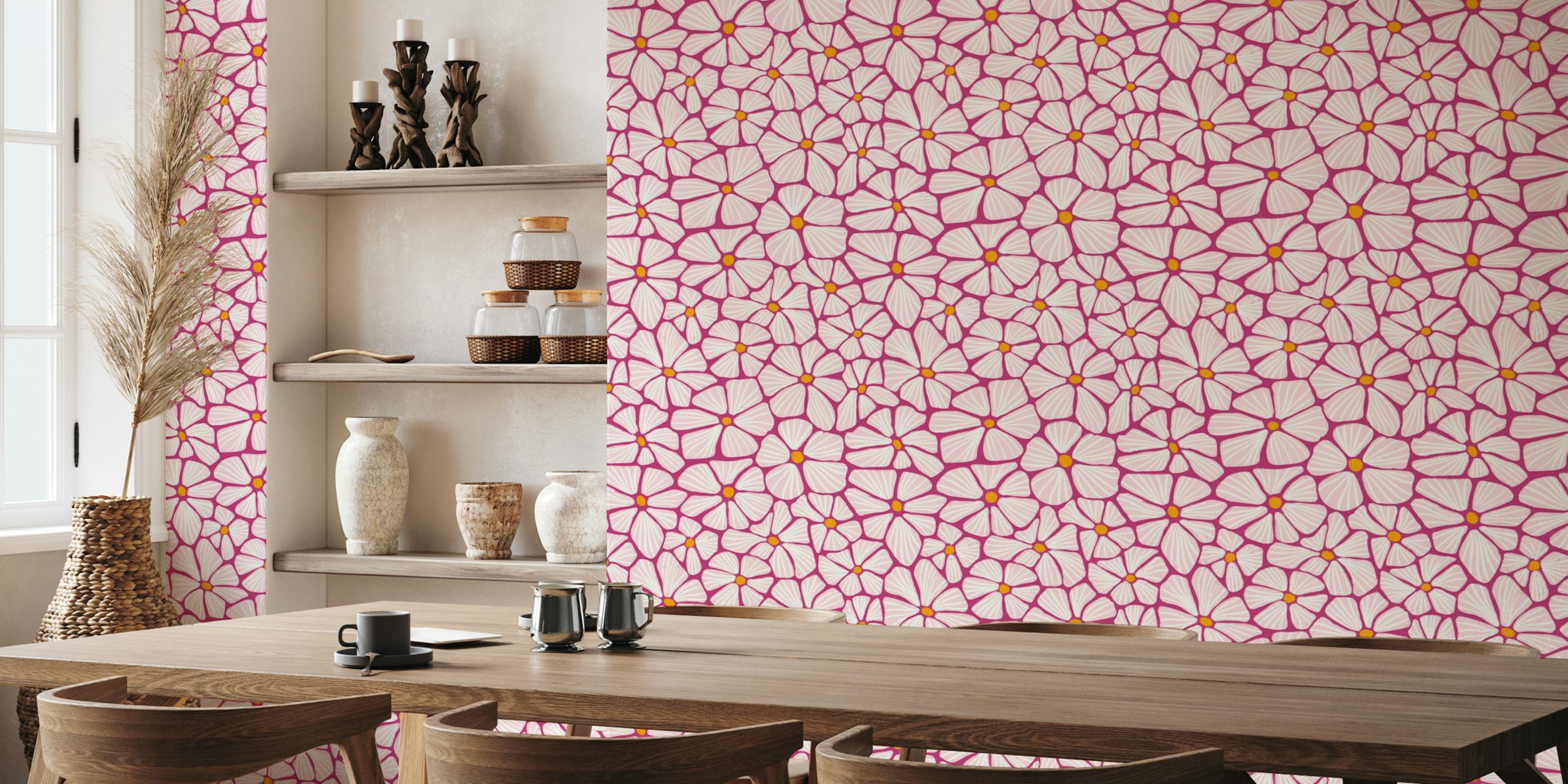 Pink and white floral pattern on berry background wallpaper