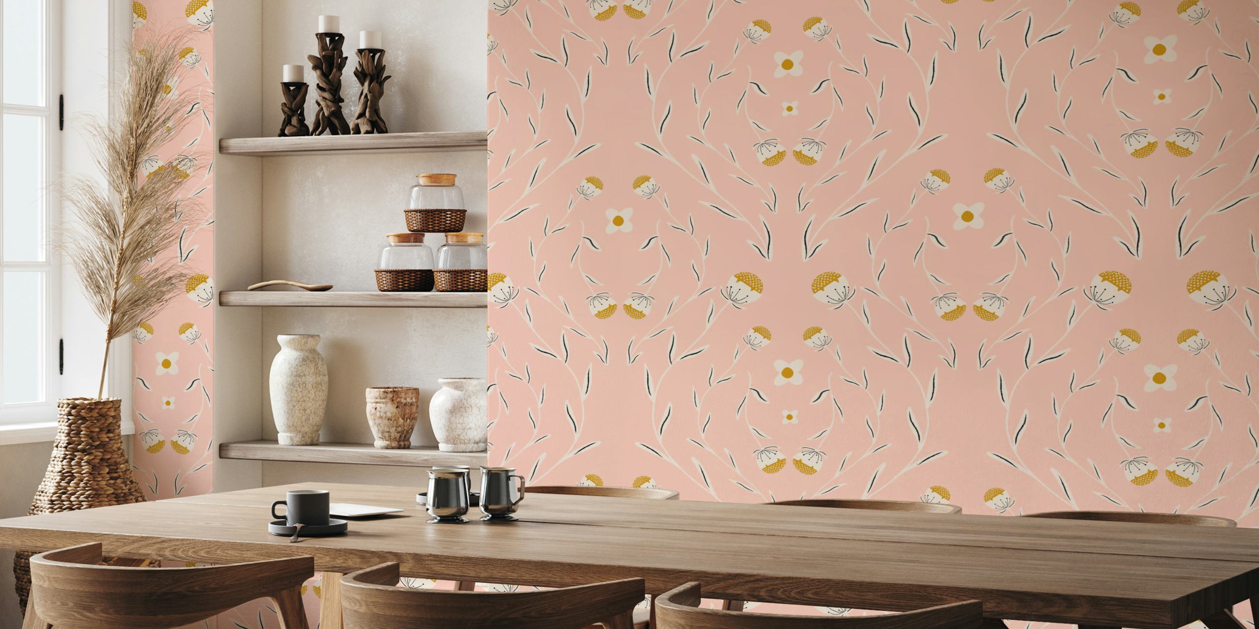 Cottage Romantic Damask Floral Pink wallpaper in a room