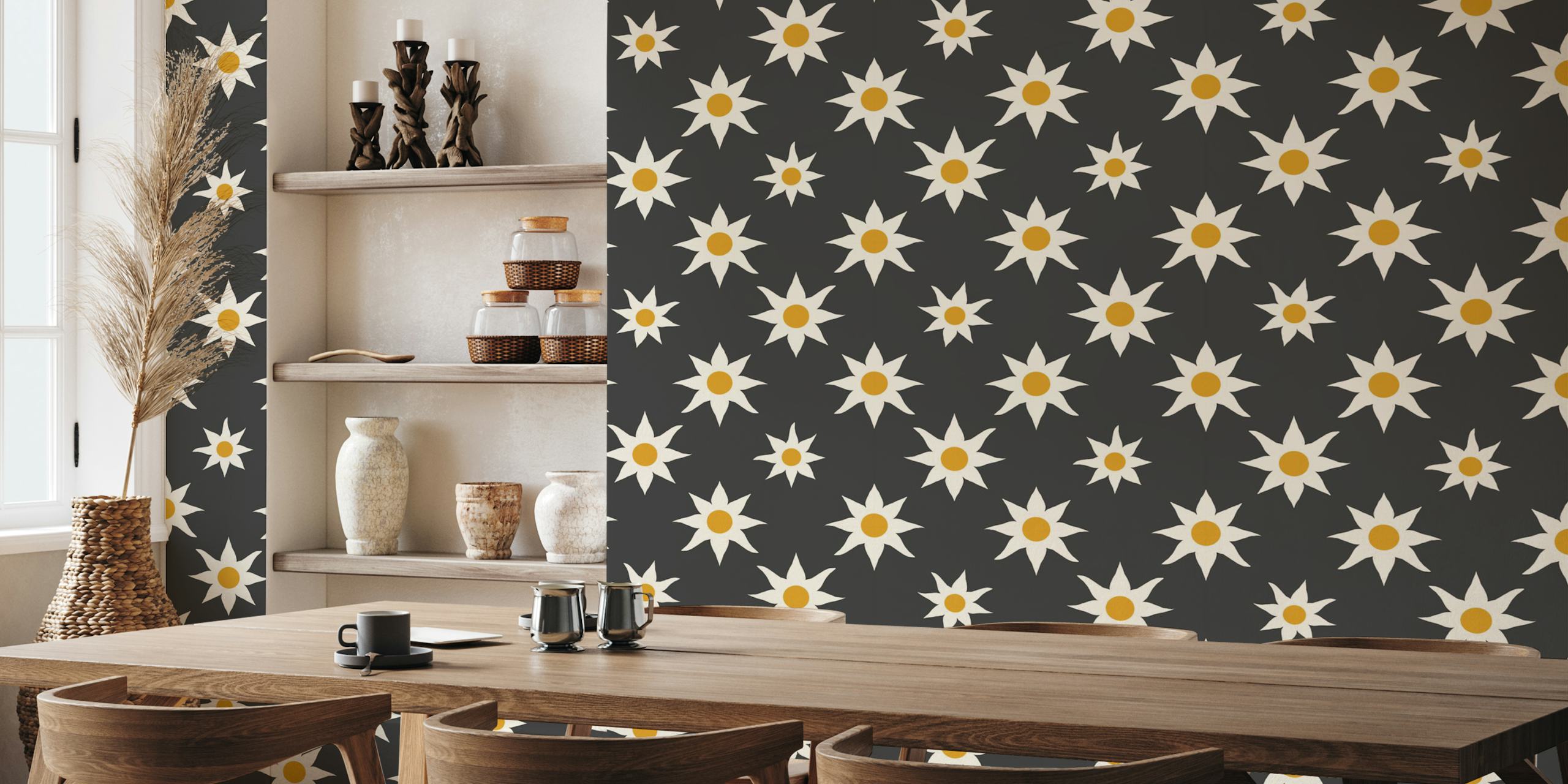 Floral star pattern with charcoal background wallpaper