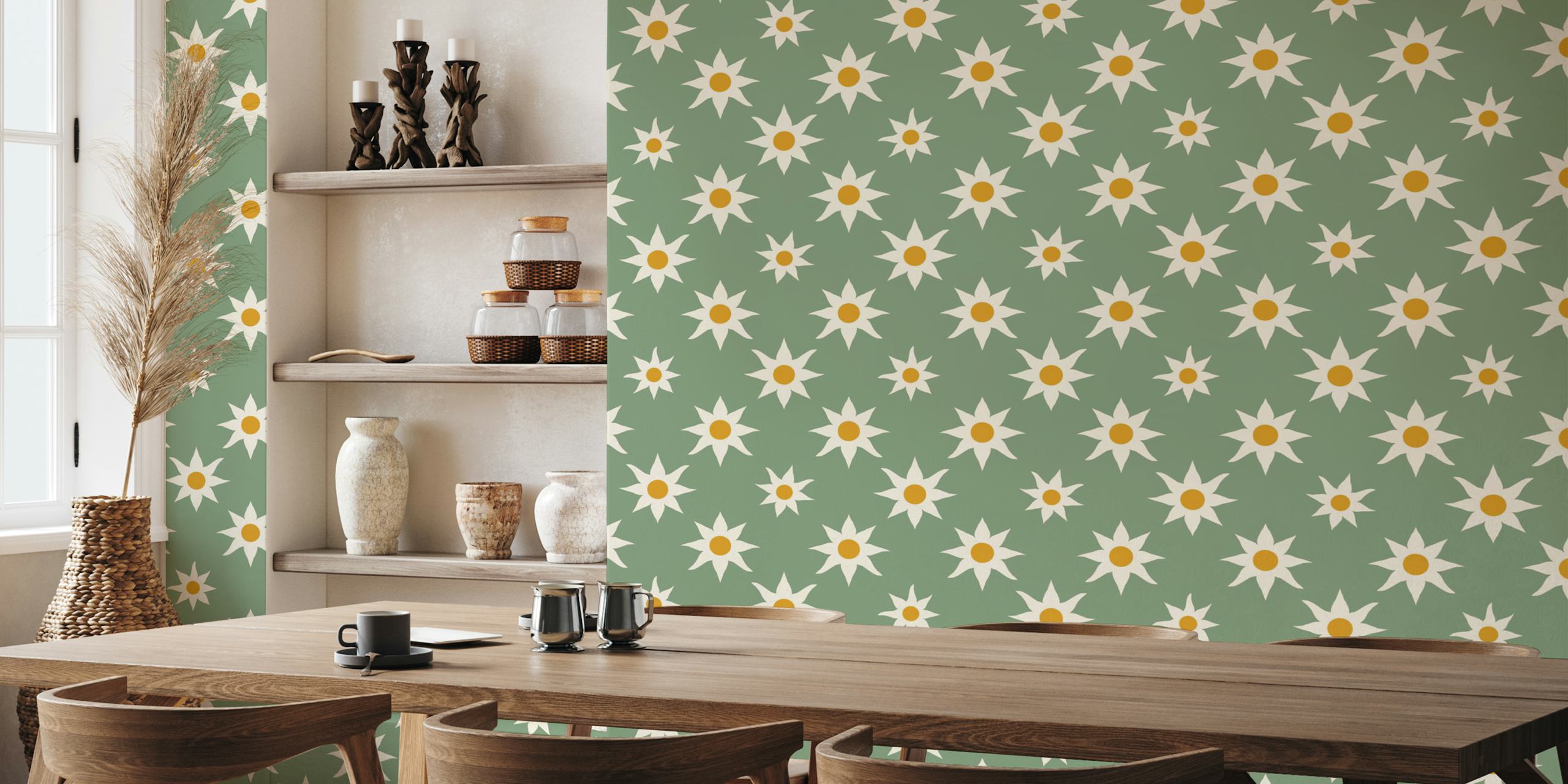 Sage green wallpaper with sunburst floral design in beige and yellow.
