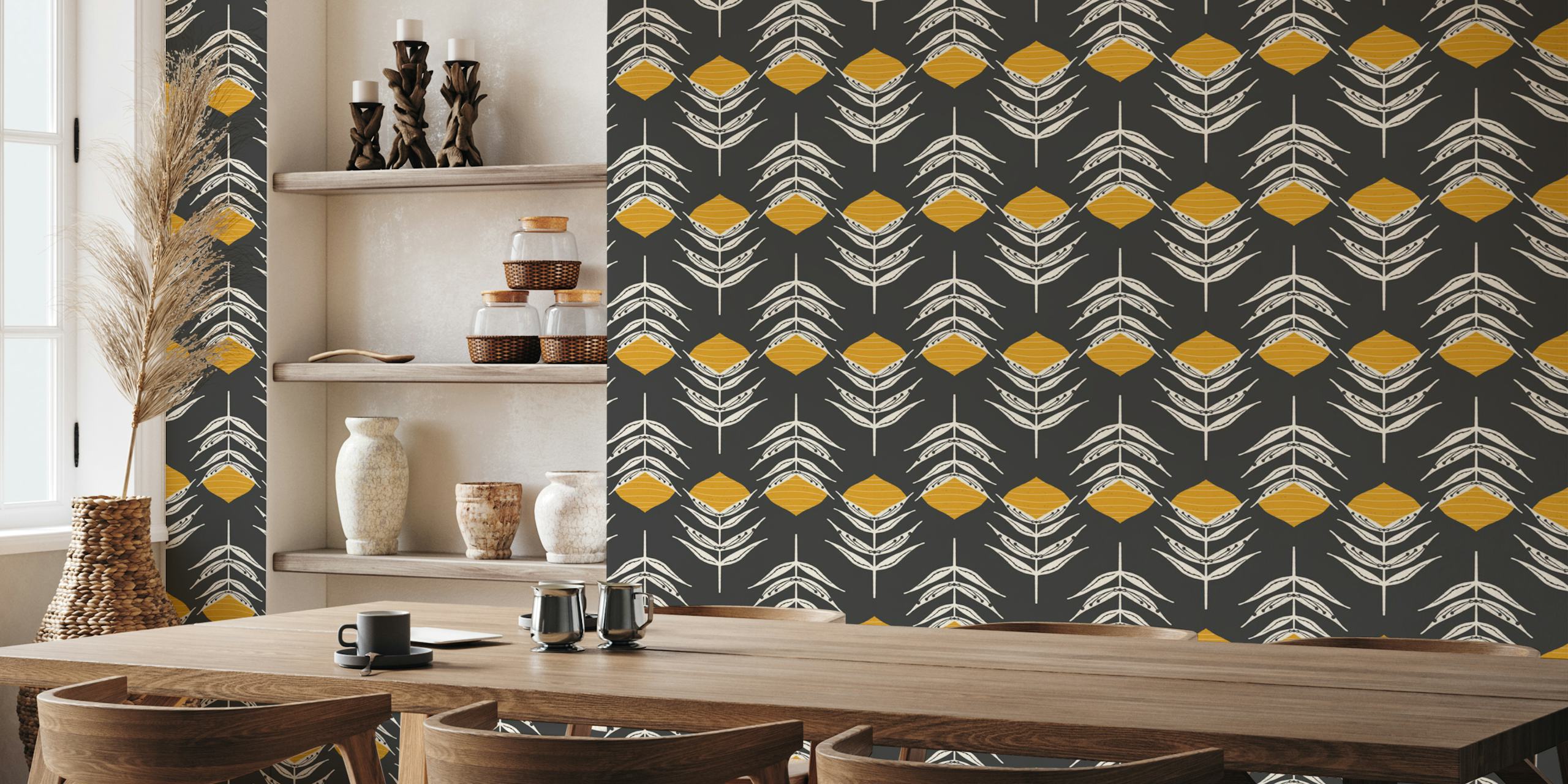Boho peacock feather floral design in charcoal and mustard wallpaper