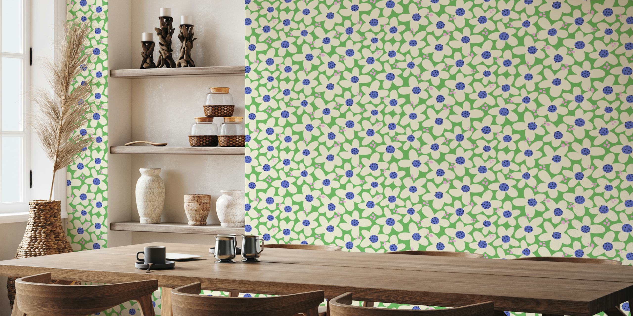 White hand drawn flowers with blue centers on green wallpaper