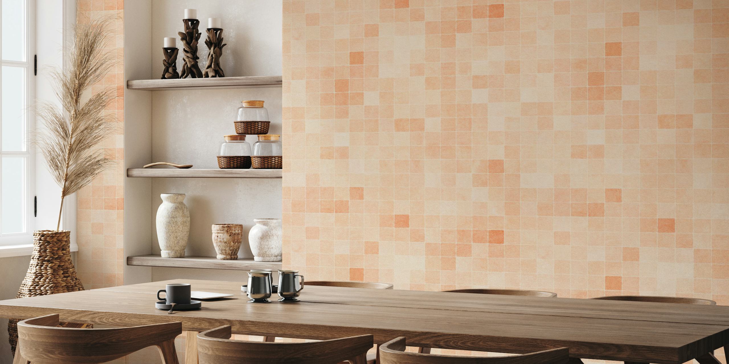 Peach mosaic pattern wallpaper with soft squares and subtle tones