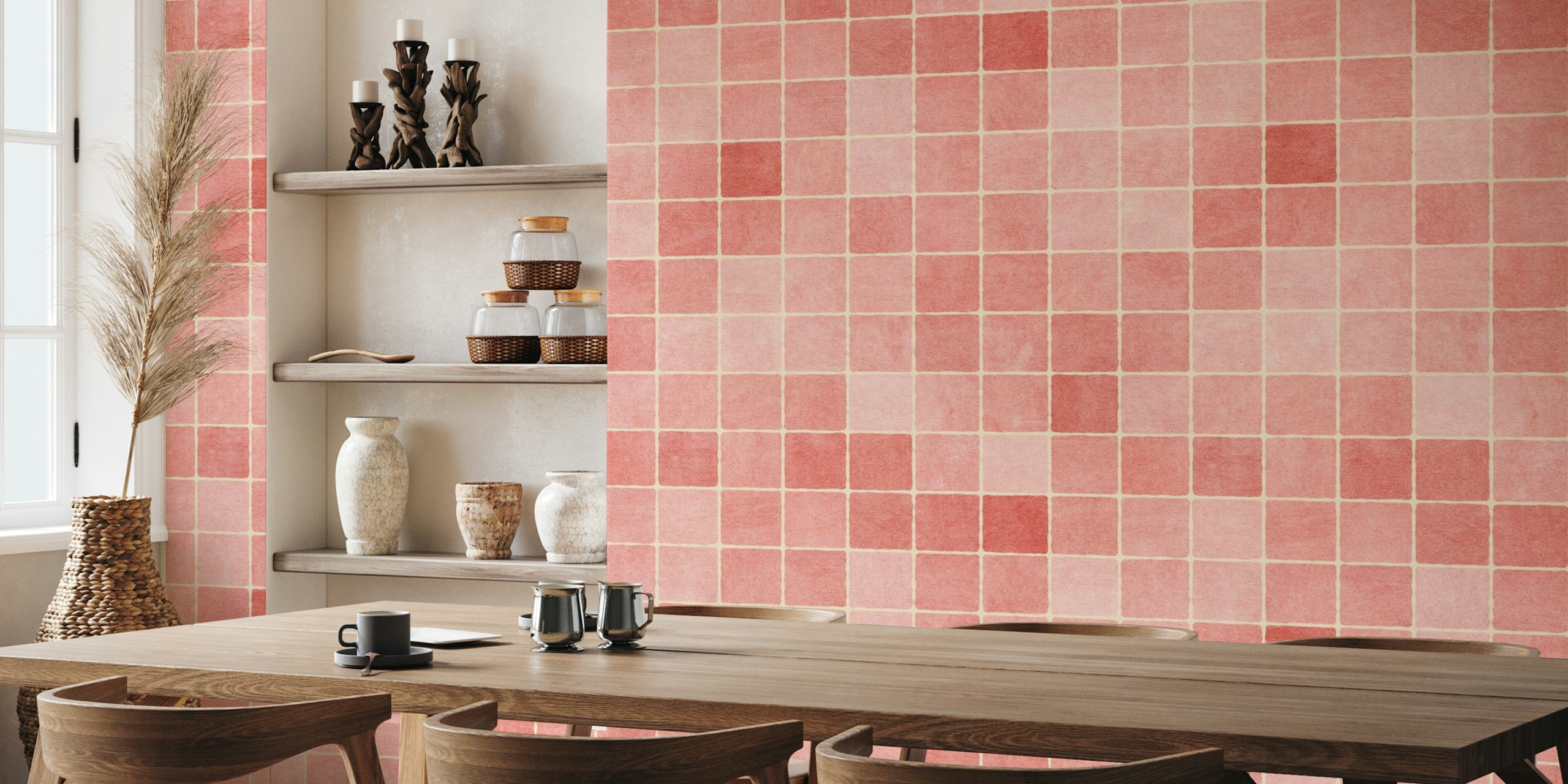 Peach mosaic patterned wallpaper in soft hues