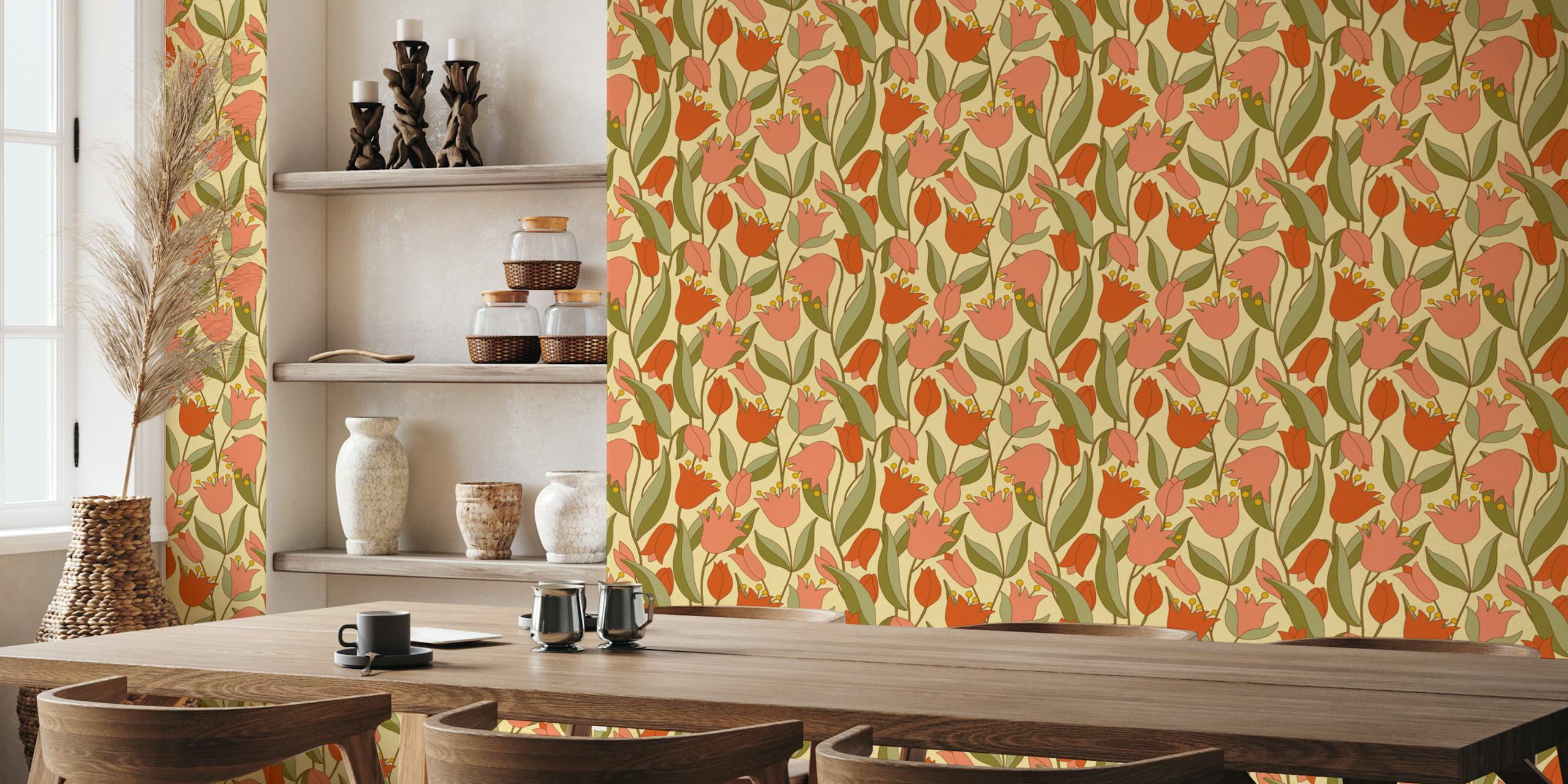 SS - Retro Florals 13 fotobehang met gestileerde tulpen en bladeren in perzik-, salie- en mosterdtinten.