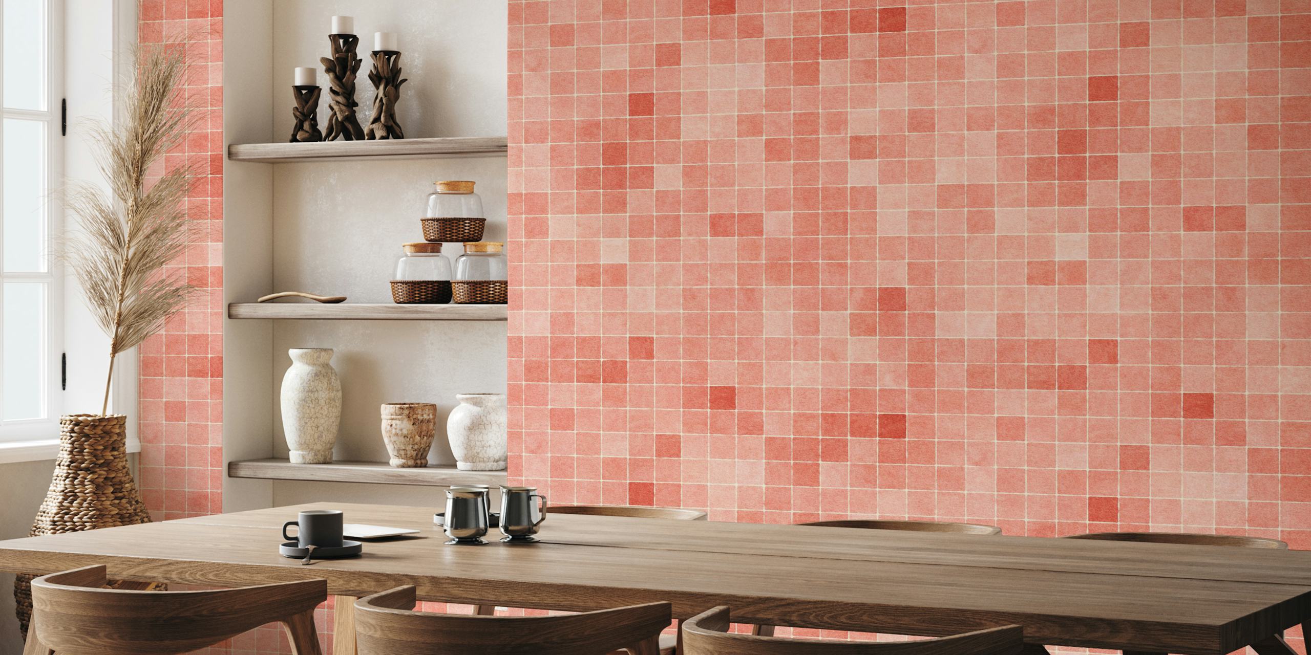 Peach mosaic pattern wallpaper in square tiles style