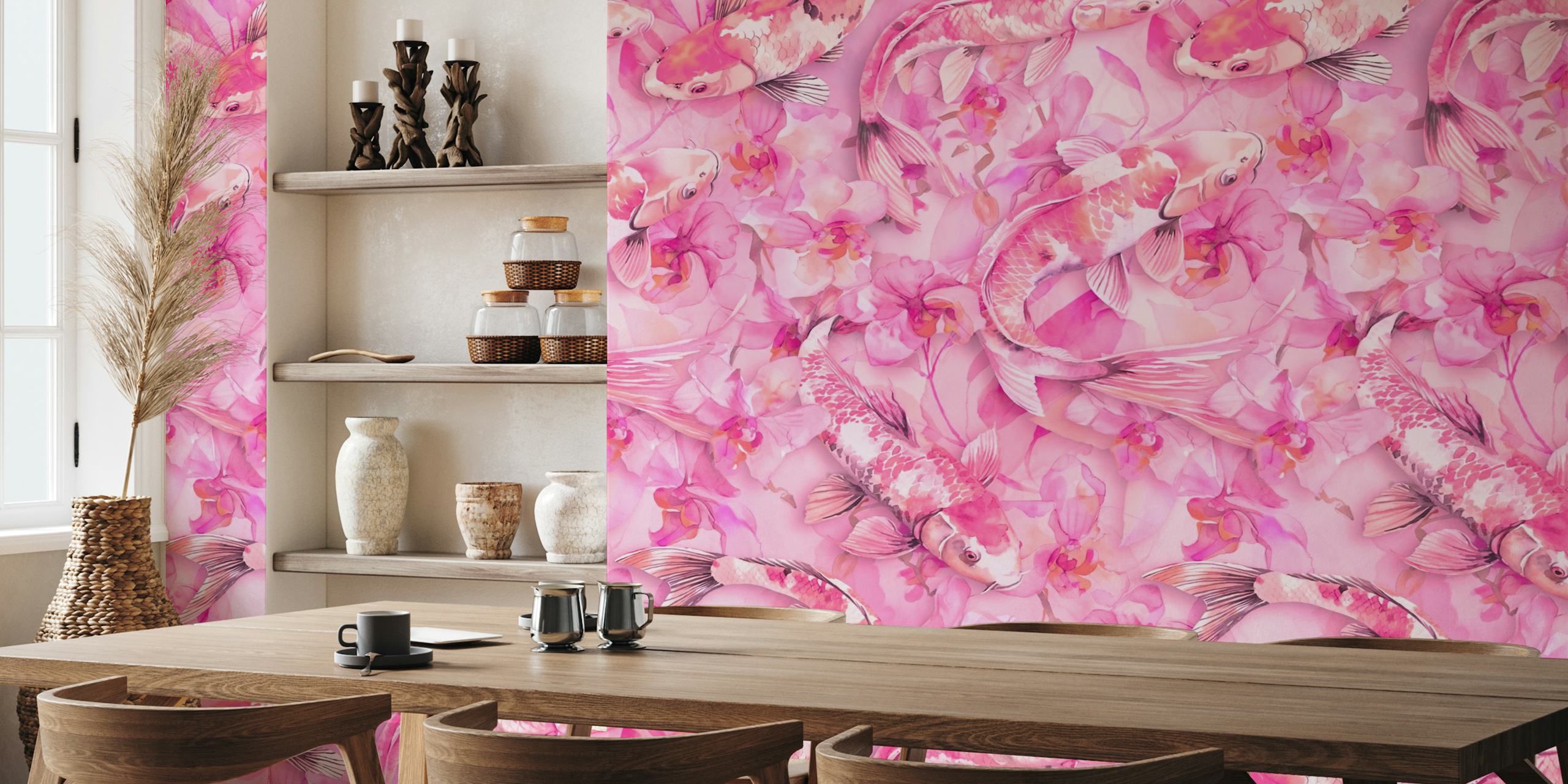 Koi Pond Fantasy Pink wallpaper displayed in a room
