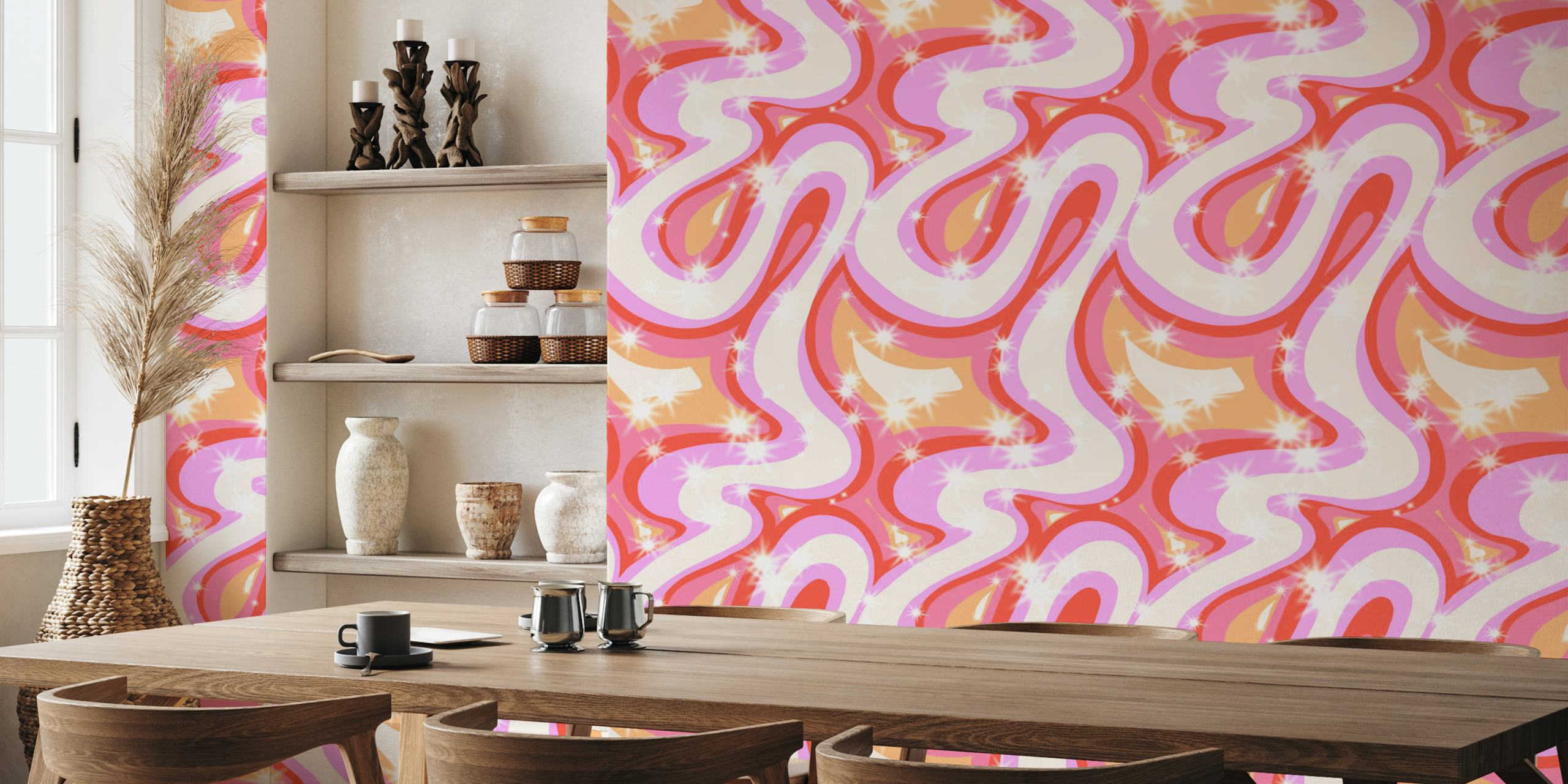 Groovy Party swirls pink papier peint dans une pièce