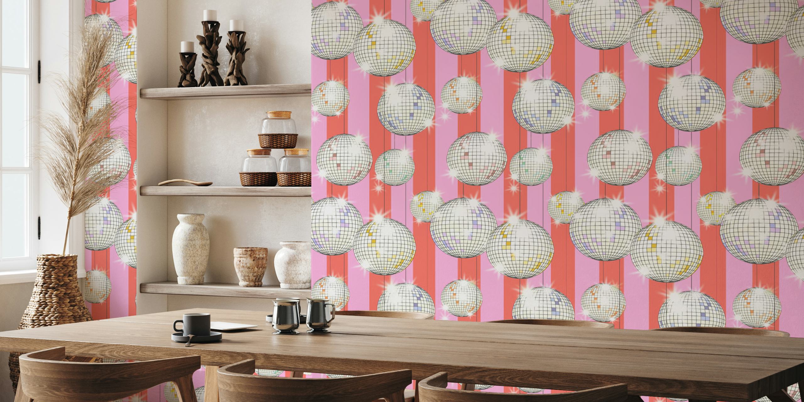 Pink striped wallpaper featuring disco balls in shiny silver