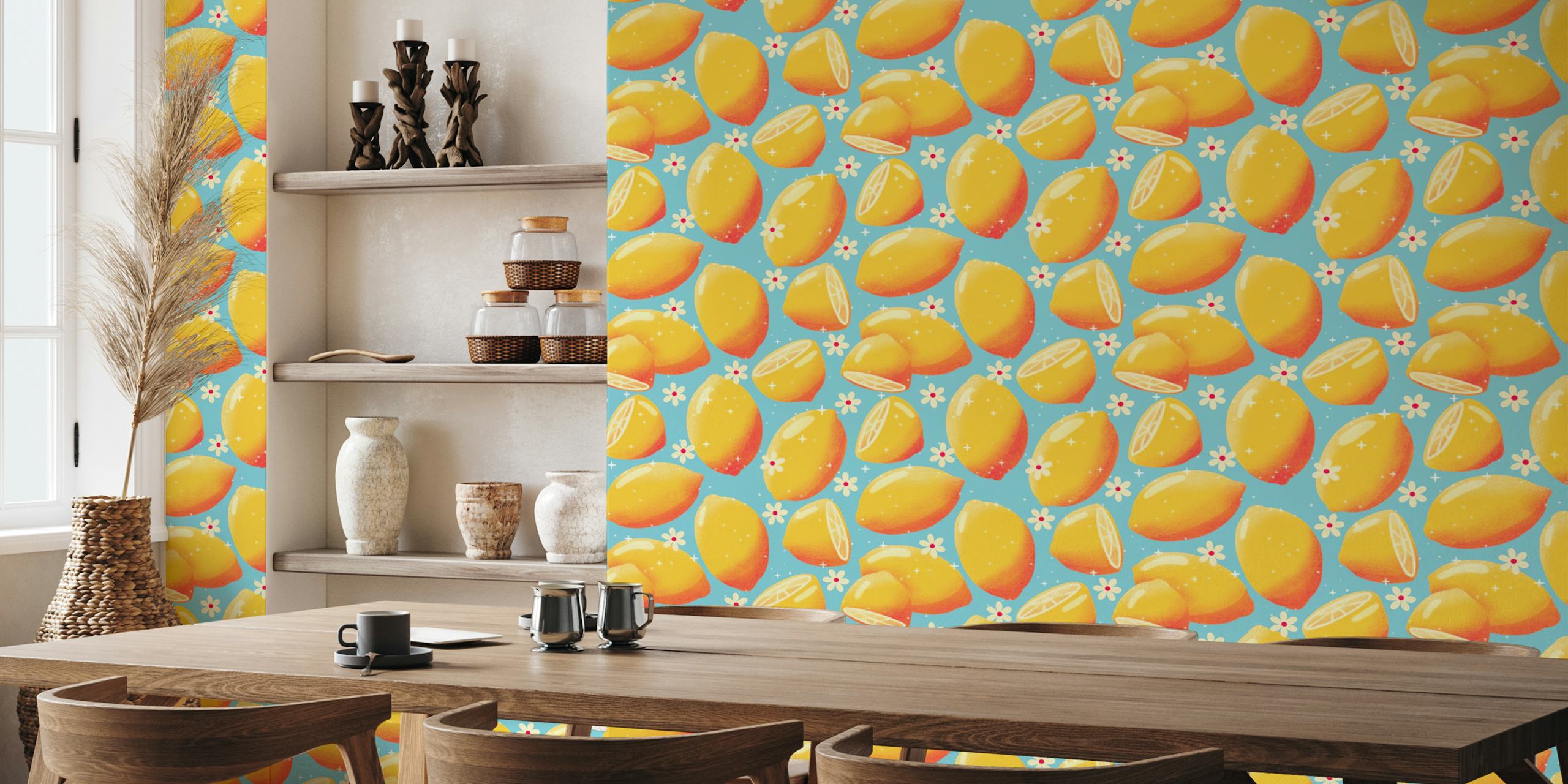 Lemons on blue wallpaper in a room