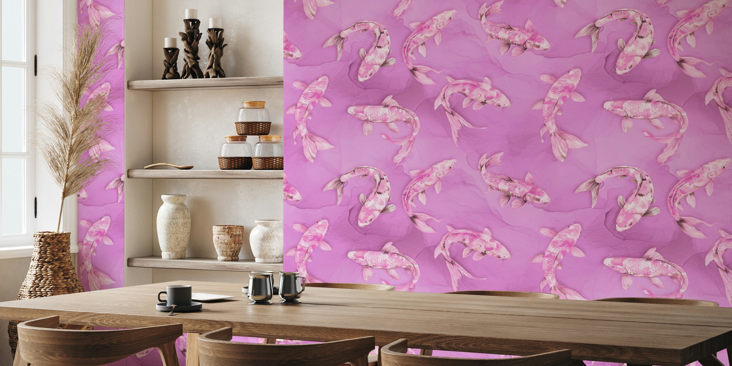 Floating Koi Fish Asia Inspired Pattern Pink in una stanza